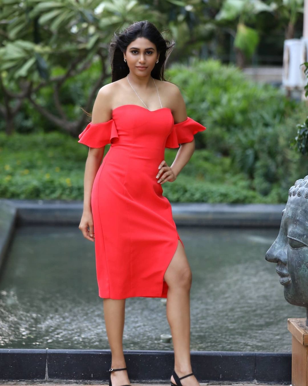 Hot Bae Manisha Yadav In Hot Red Off-Shoulder Bodycon Dress With Sweet Heart Neckline Effortless Look's & Outfits
