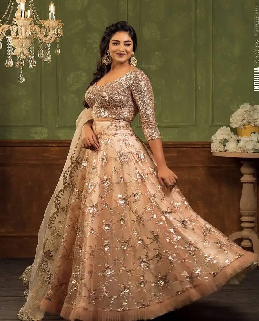 Indhuja Chic & Classy Look In Beige Glittery Lehenga - Traditions & Western Outfit Looks