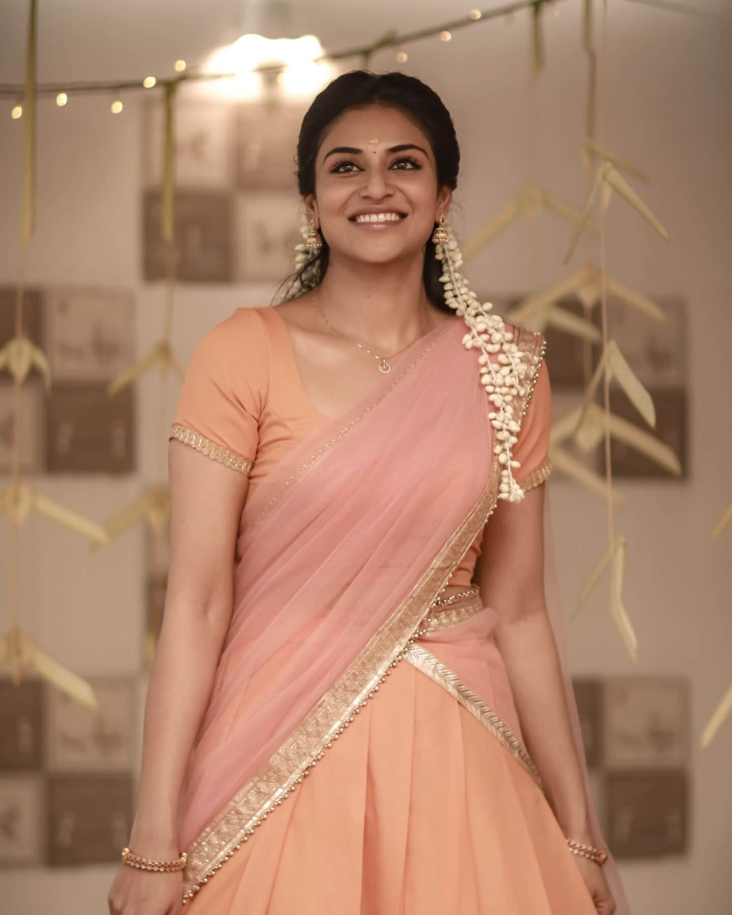Indhuja Look Classy In Peach Lehenga Outfit