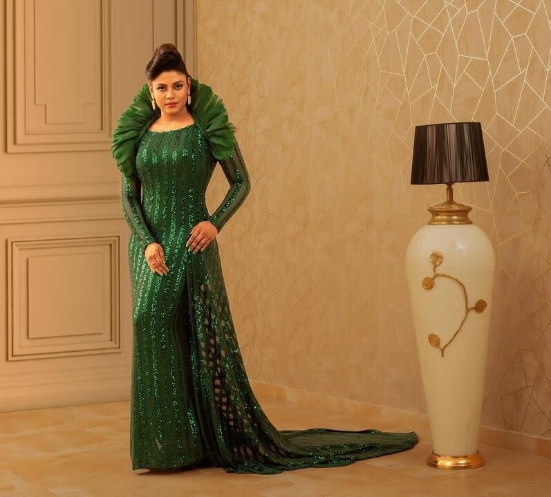 Ineya In Divine Green Glittery Full Sleeves Slit Cut Mermaid Evening Dress Exclusive Ethnical Attires &amp; Western Gowns Looks