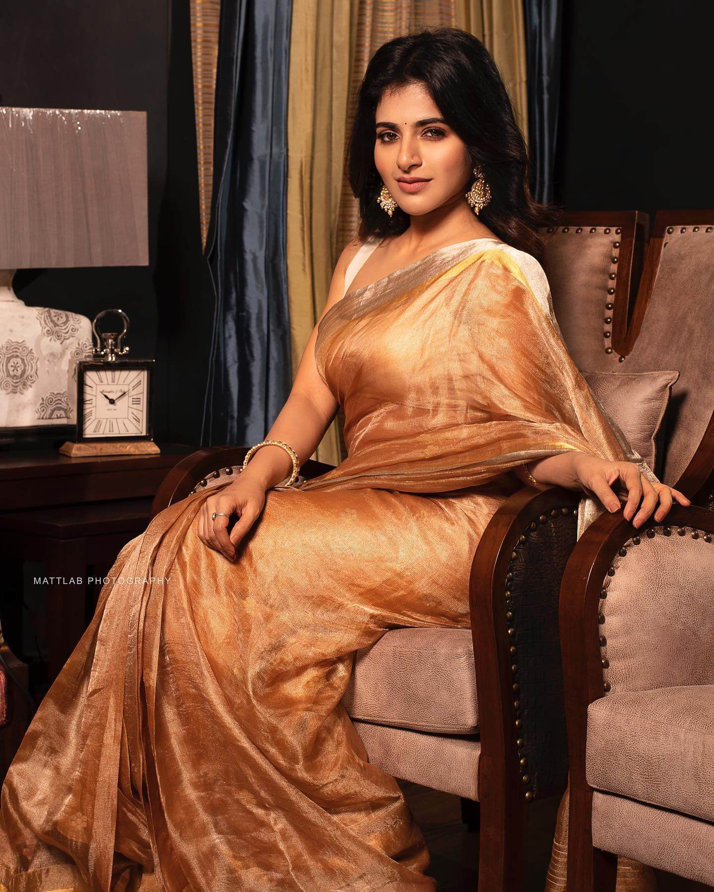 Iswarya Menon Look Pretty In Golden Organza Silk Saree With White Sleeveless Blouse