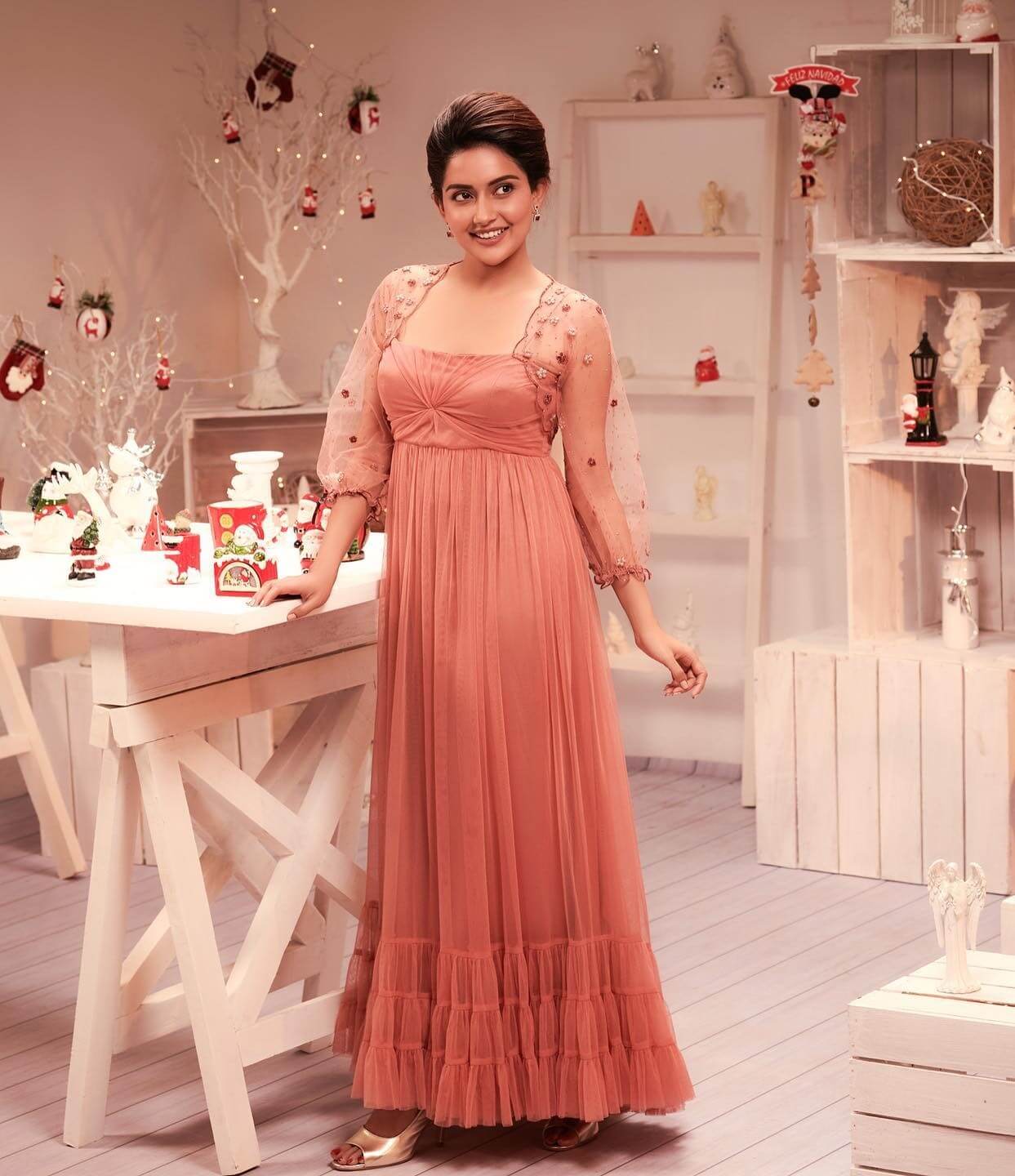 Mahima Nambiar  Drop-Dead Gorgeous Fabulous, Festive Outfits And Looks In Beige Fit & Flare Net Ruffled Dress With Sleek Hairstyle 