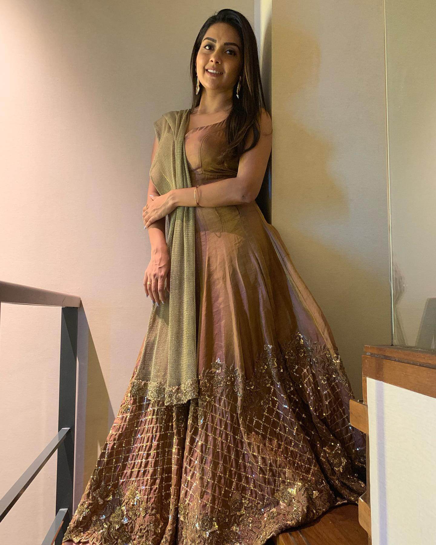 Mahima Nambiar In Golden Embellished Anarkali Suit With Olive Net Dupatta Can Be Your Fabulous, Festive Outfits And Looks
