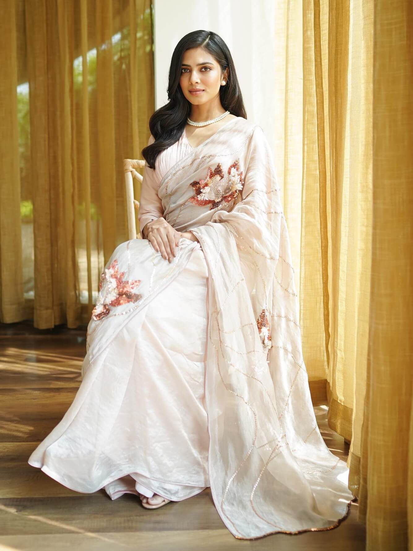 Malavika Mohanan In Satin Silk Floral Sequined Saree With Ruched Blouse - Traditional & Tempting Outfits & Looks