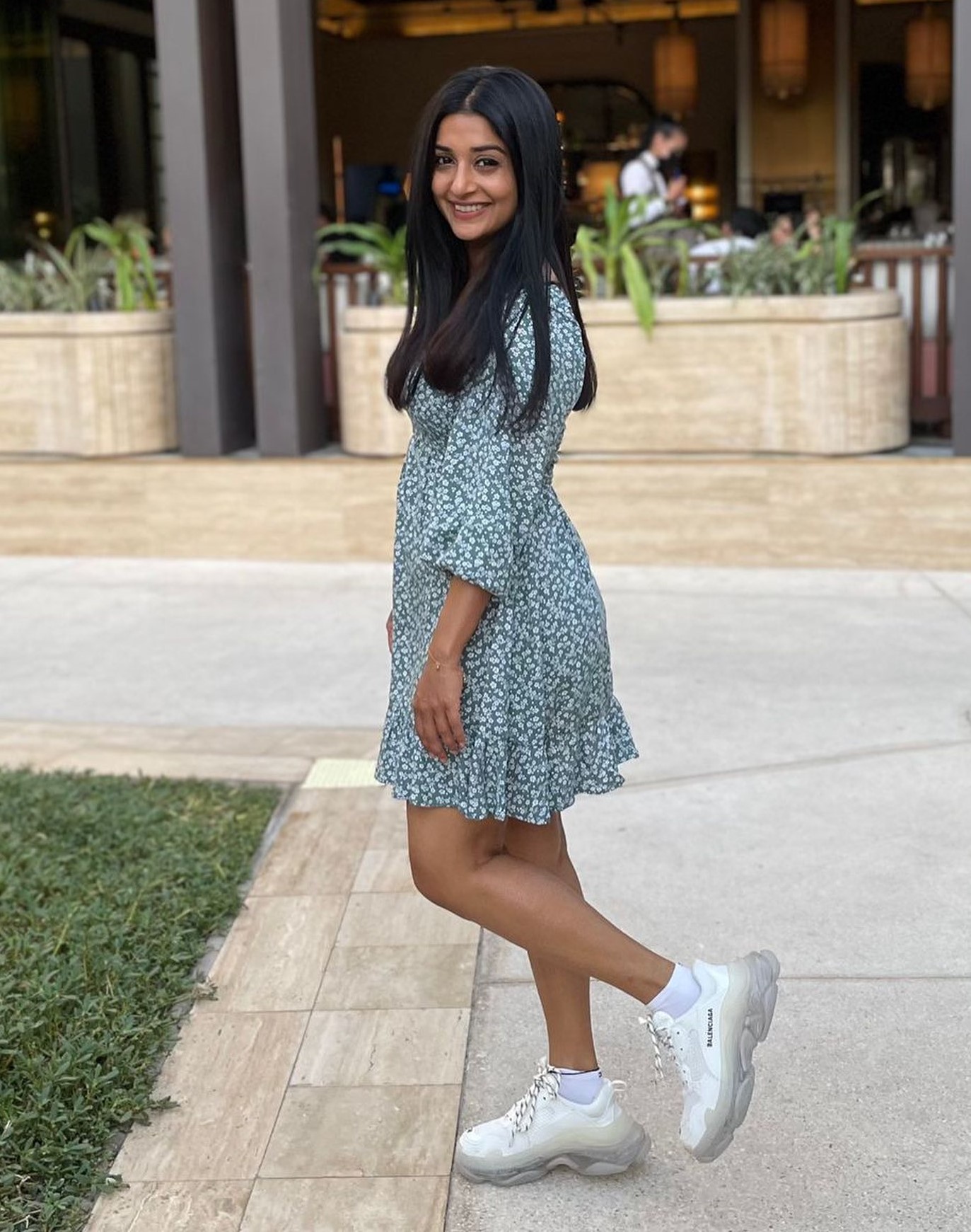 Meera Jasmine In Blue Floral Printed Short Dress With White Sneakers  Look Pretty & Vibrant