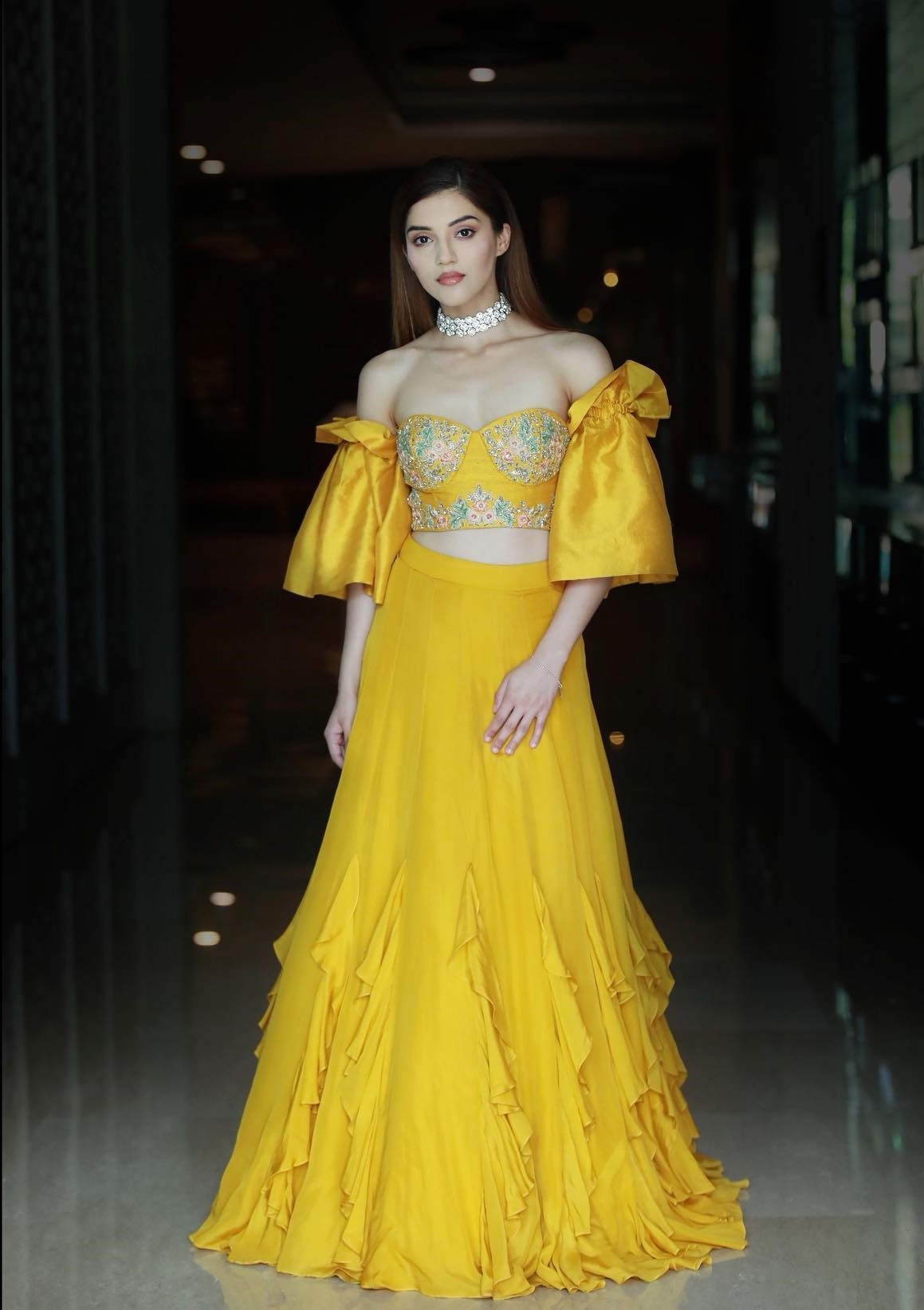 Mehreen Pirzada In Yellow Off Shoulder Embellished Bustier With Semi-Ruffled Skirt - Awestruck Looks & Glamorous Outfits