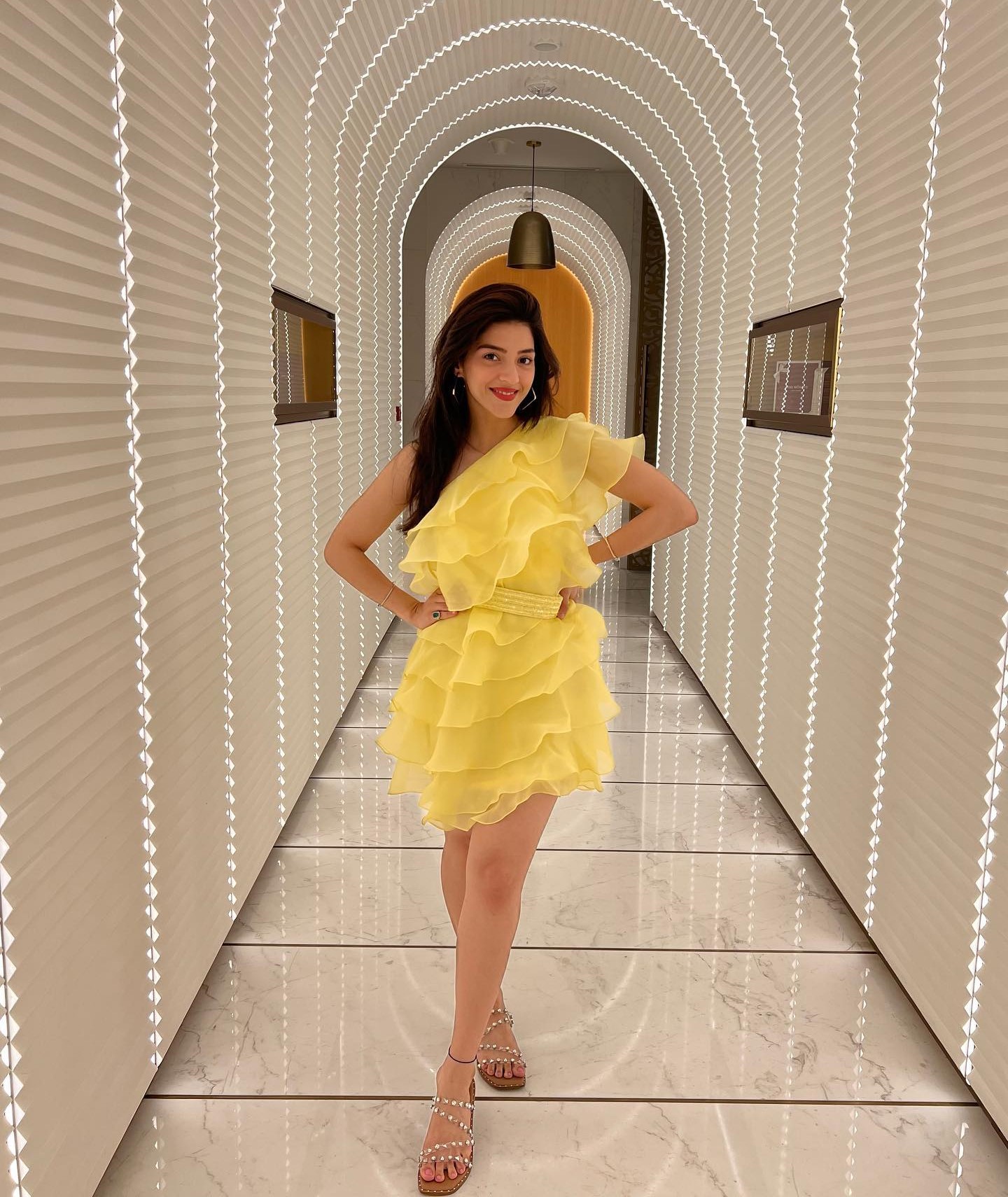 Miss Personality South Asia Mehreen Pirzada In Flamboyant Yellow One Shoulder Ruffled Short Dress