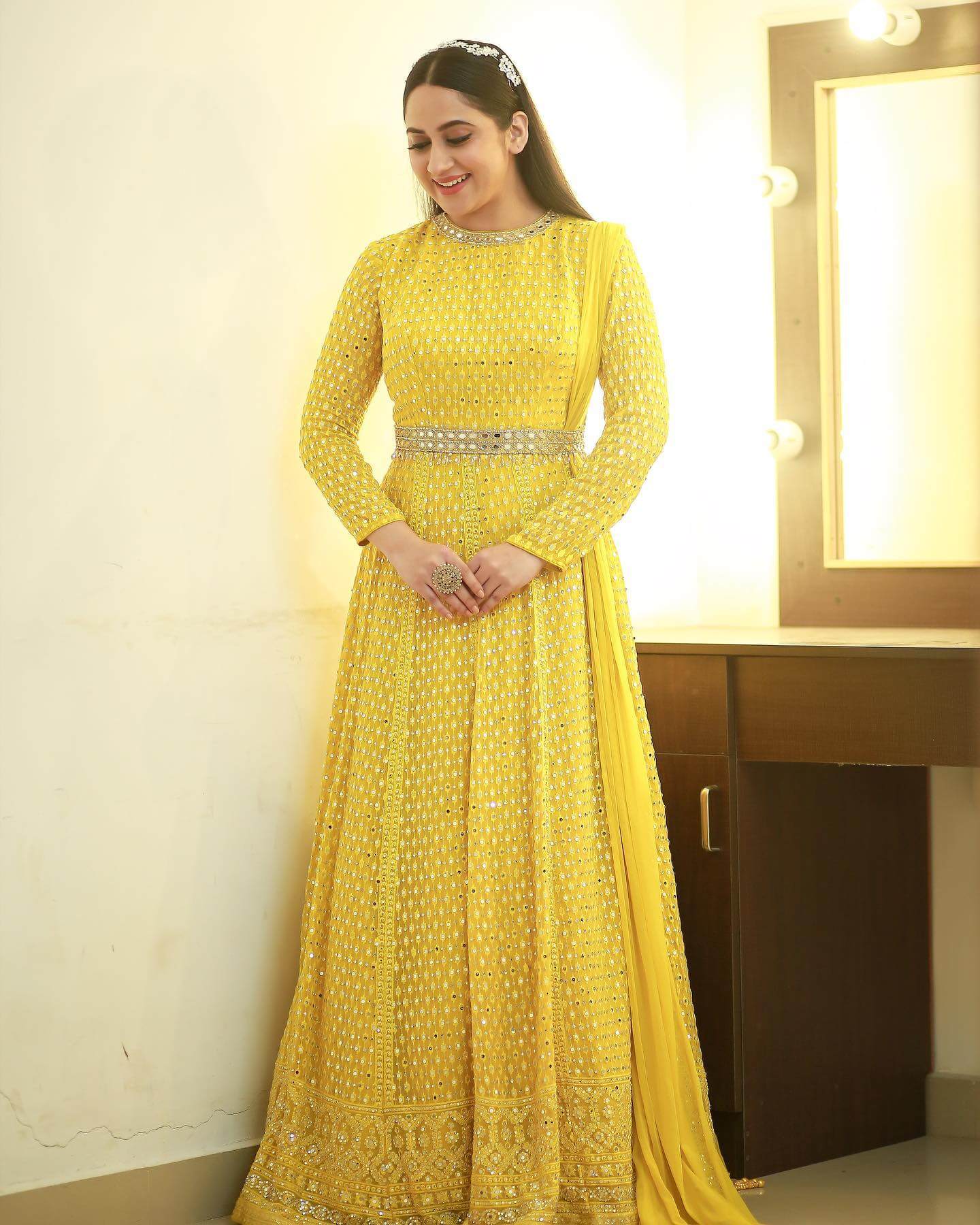 Miya George In Yellow Embroidered Mirror Work Full Sleeves Long Festive Gown