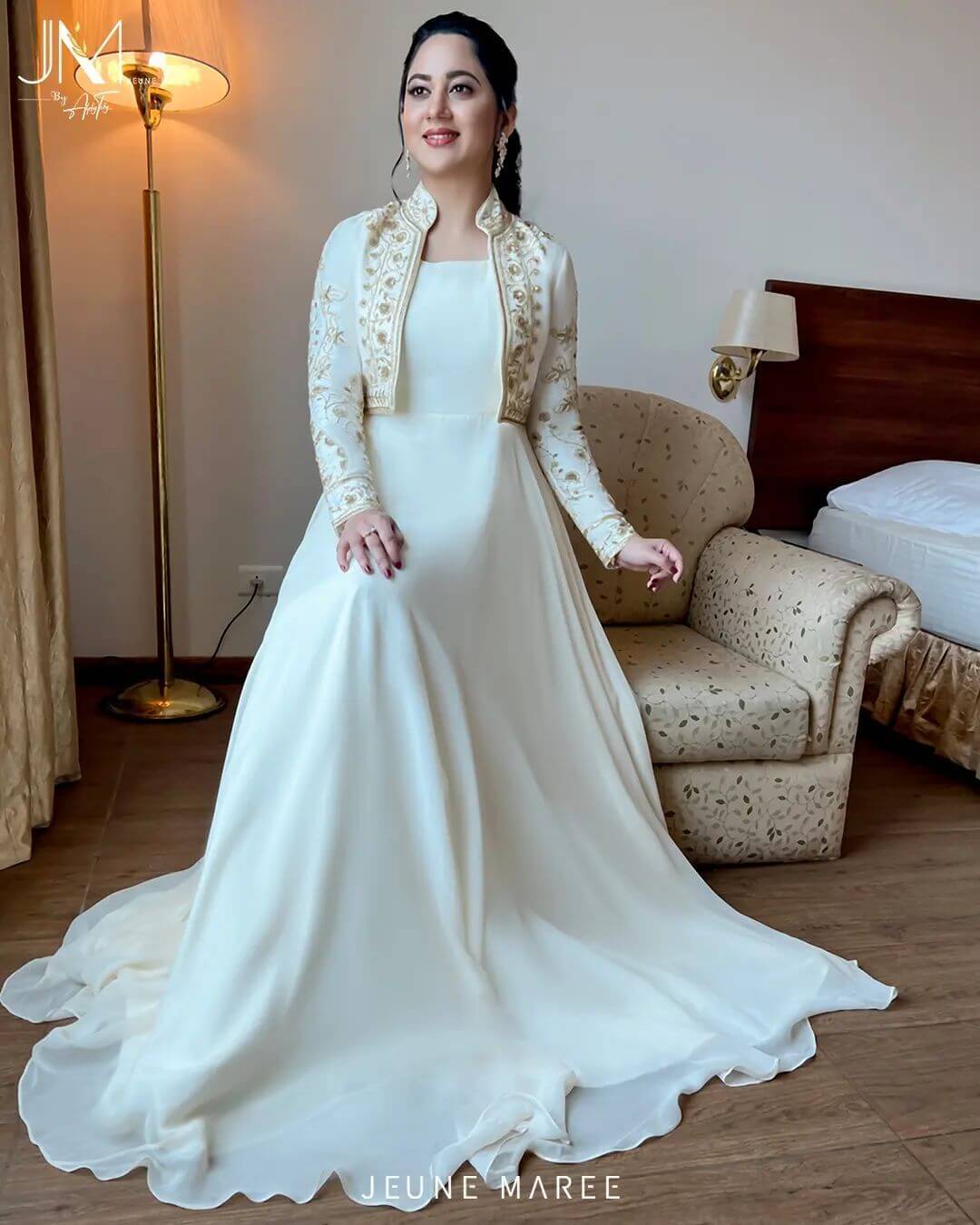 Miya George Look Elegant In White Plain Fit & Flare Gown With Full Sleeves Embroidered Jacket Traditional & Western Looks