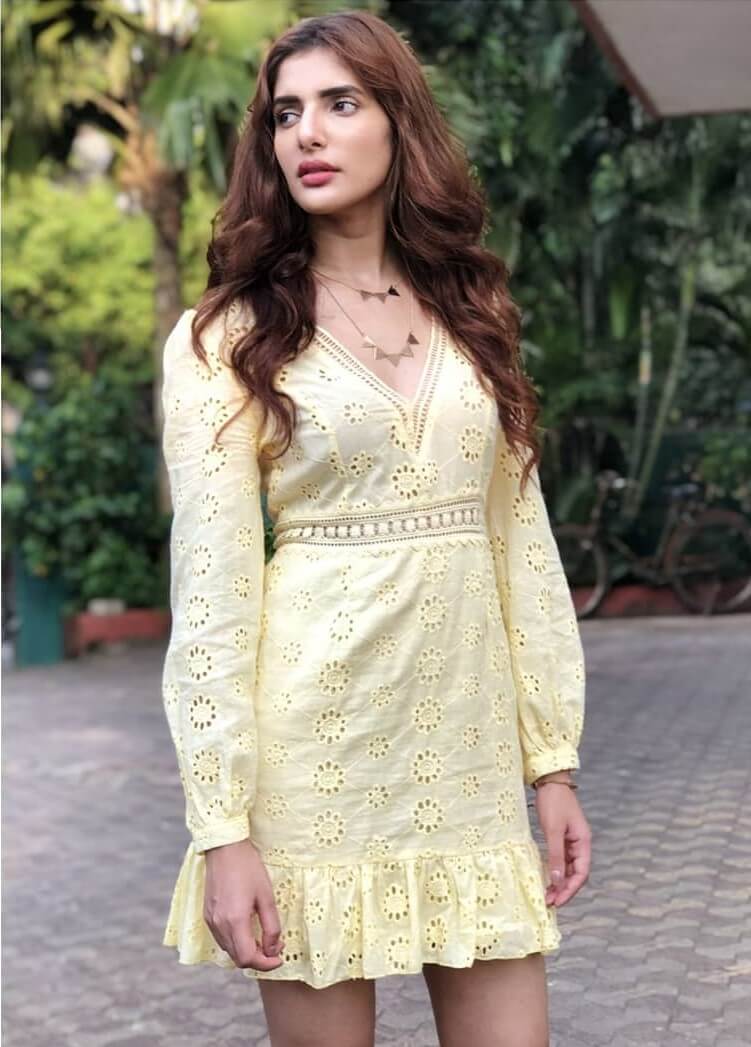 Natasha Singh In Lime Yellow Schiffli V-Neckline Short Dress With Full Sleeves