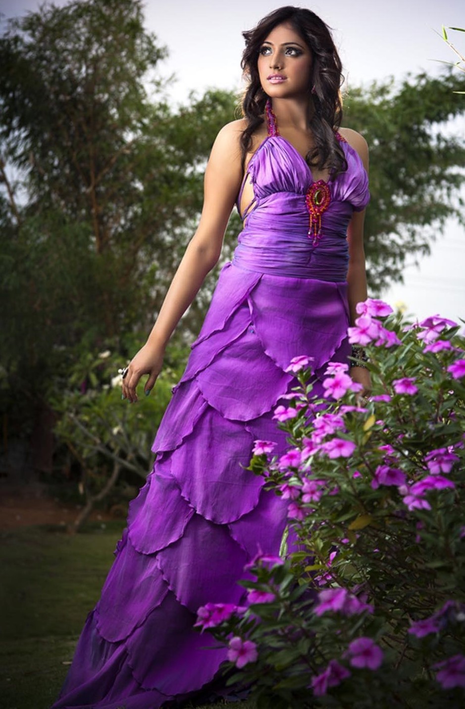 Neer Dose Fame Actress Hariprriya Mesmerising Look In Purple Petal Cut Halter Neck Mermaid Dress Outfits & Fashion