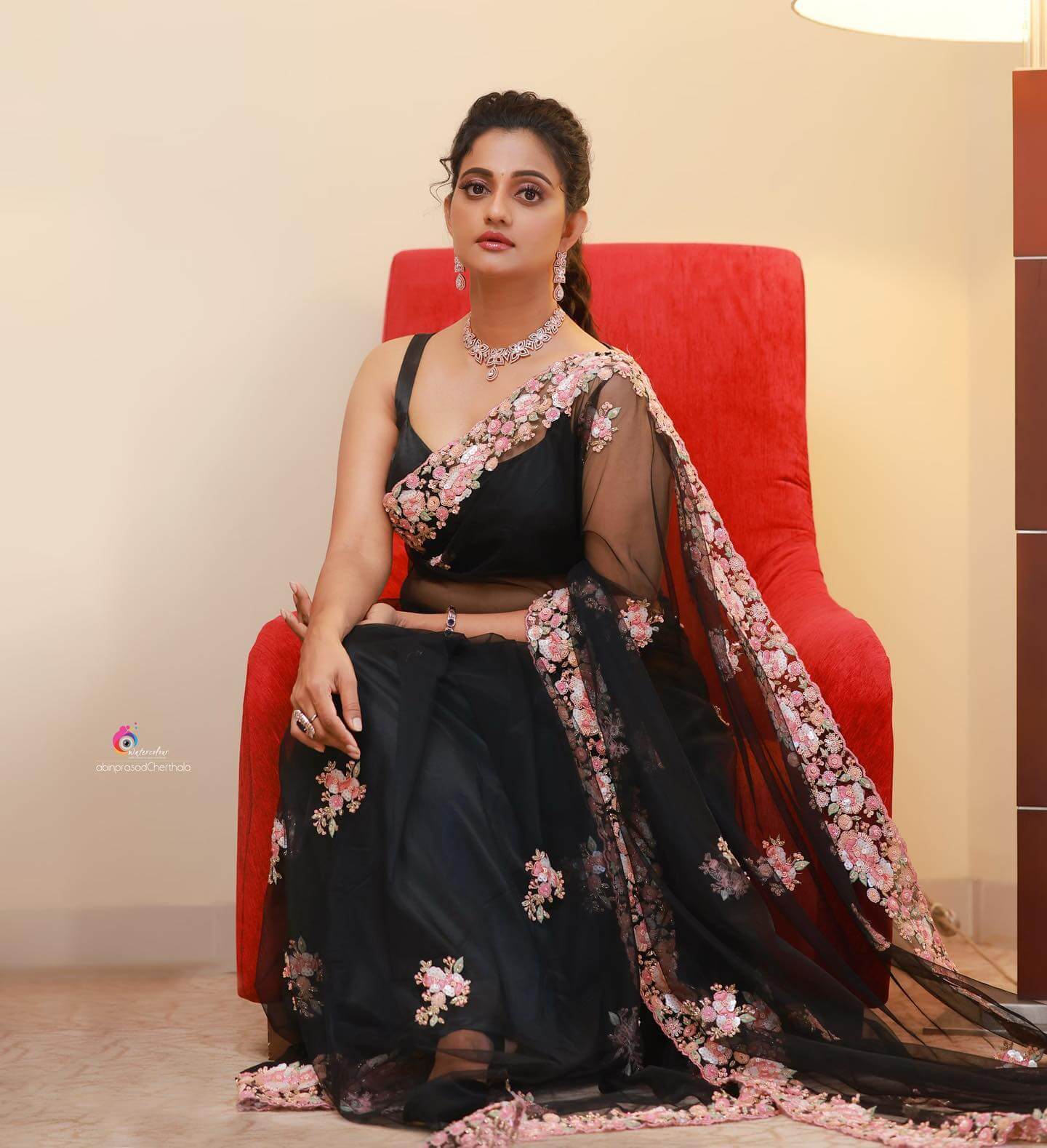 Priyanka Nair Flattering Look In Black Embroidered Floral Printed Net Saree Paired With Sleeveless Blouse Festive & Traditional Outfits Look Inspo