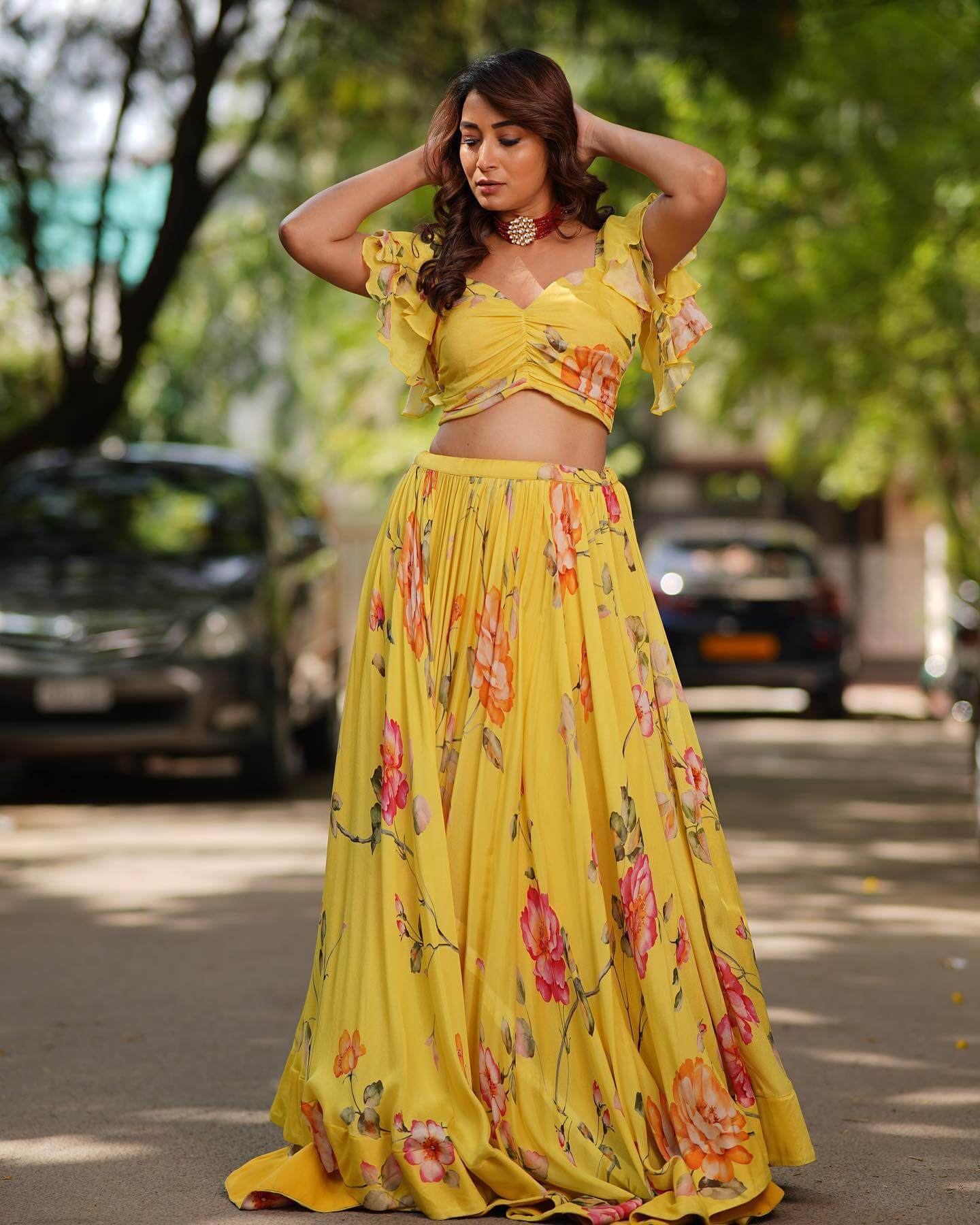 Punjabi Kudi Bhanu Sri Mehra  In Yellow Floral Printed Co-Ord Set - Lehenga & Saree Inspired Looks 