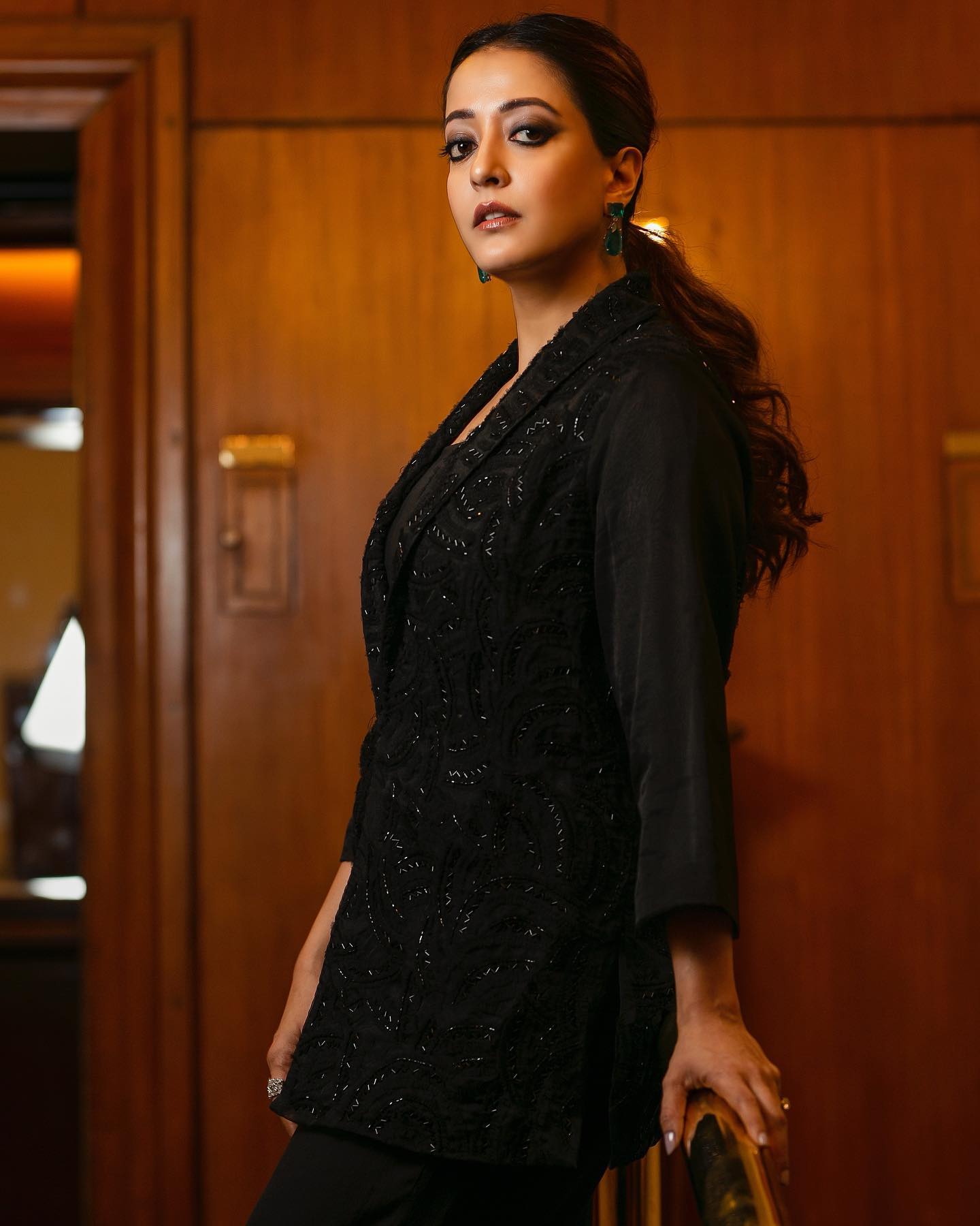 Raima Sen Chic Look In Black Embellished Blazer & Pants With Beautiful Smokey Eyes - Stunning Outfits & Looks :Bollywood Fashion