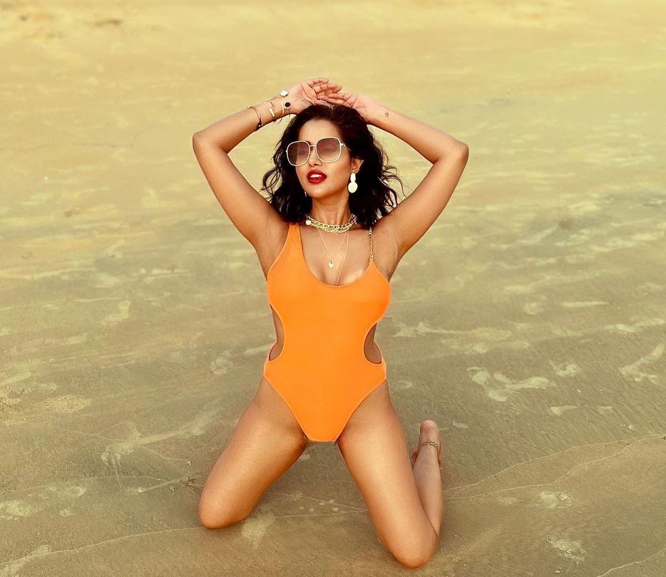 Raiza Wilson In Having A Goa Beach Vacay In Orange Cut Out Monokini Glamorous Outfits & Looks