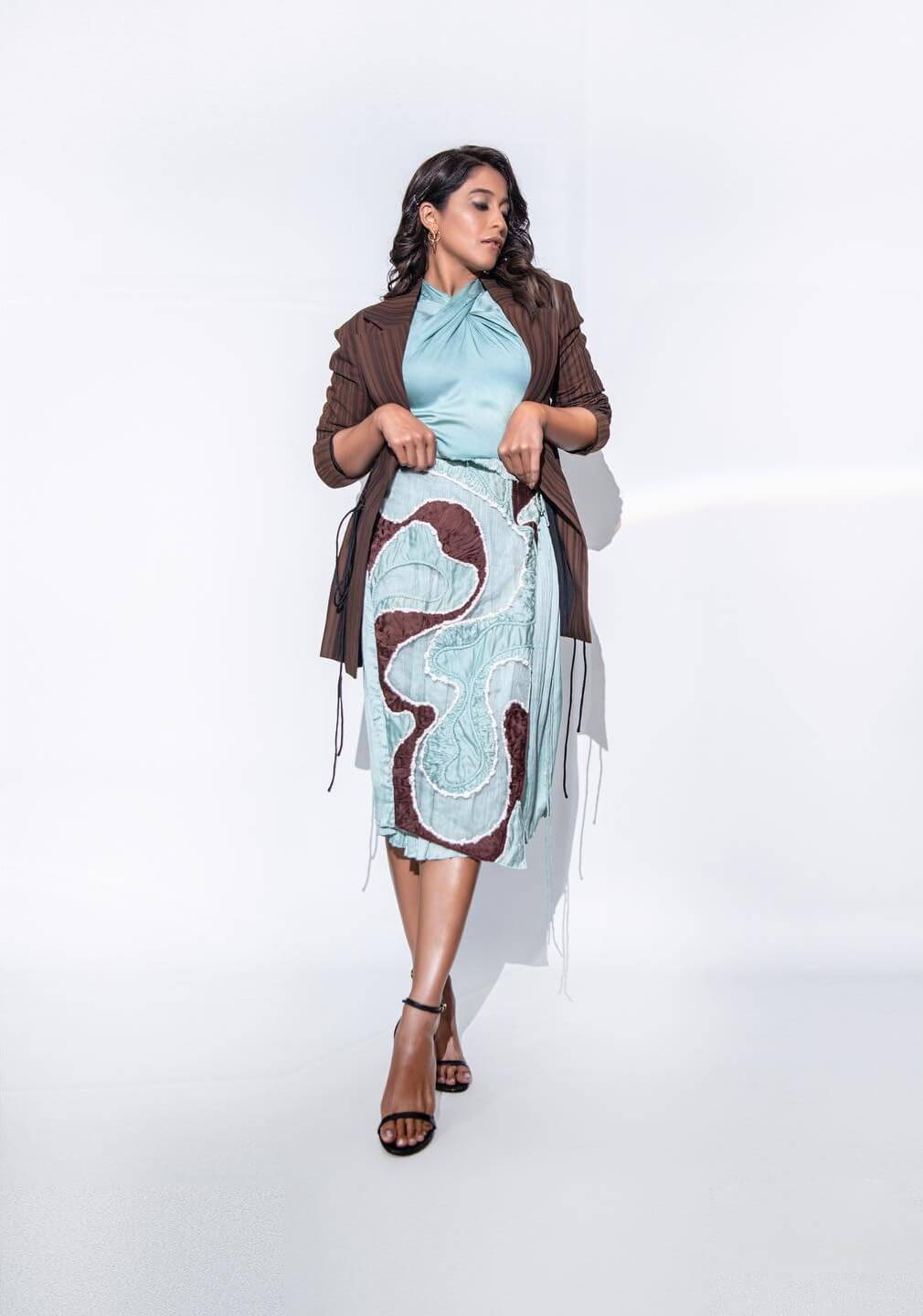 Regina Cassandra Blue Halter Neck Midi Dress Paired With Brown Blazer - Outfits & Looks