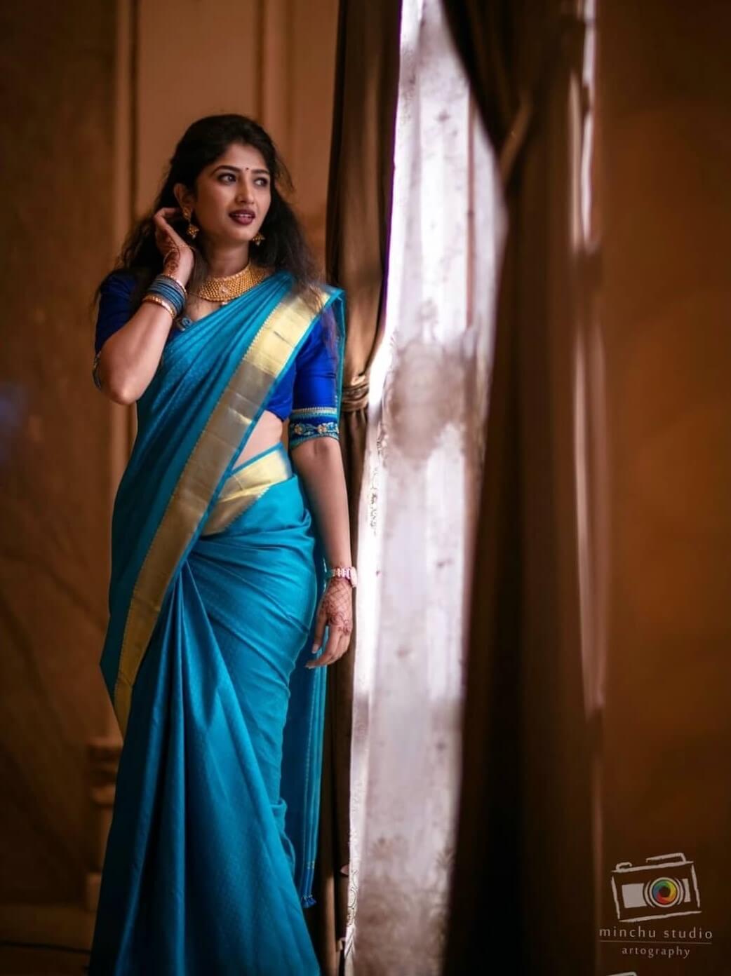 Roshni Prakash In Blue Silk Saree Lovely Outfit Looks