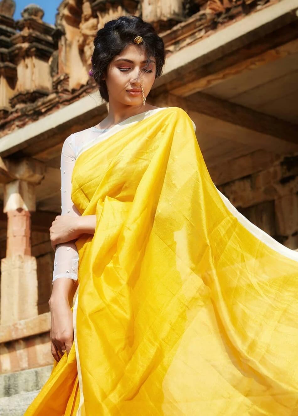 Roshni Prakash In Solid Yellow Silk Saree Paired With White Full Sleeves Blouse Lovely Outfits Looks