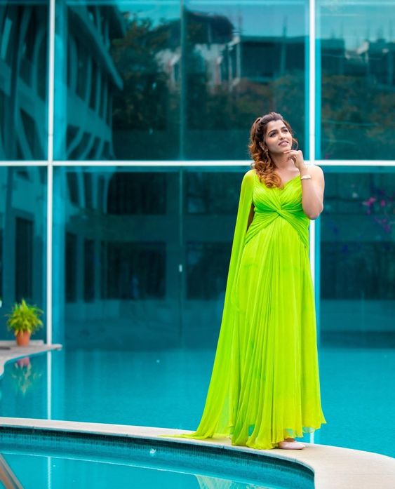 Sai Dhanshika In Neon Green Pleated Long Maxi Dress Looks Vibrant Breathtaking Looks & Outfits