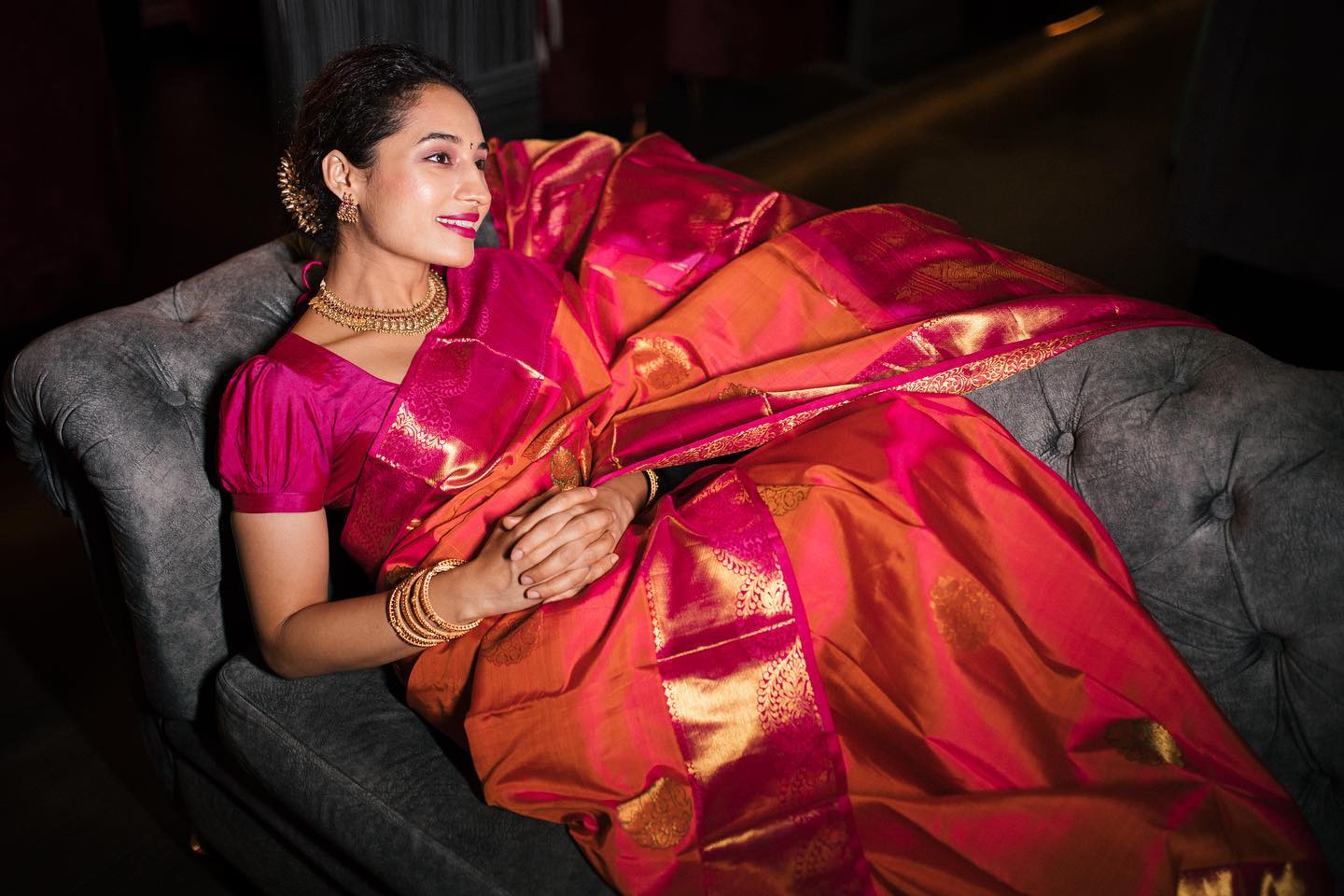 Saree Lover Pooja Ramachandran Draped In Orange & Pink Banarasi Silk Saree Perfect Go-To-Festive Colour Mesmerizing Traditional & Western Outfits