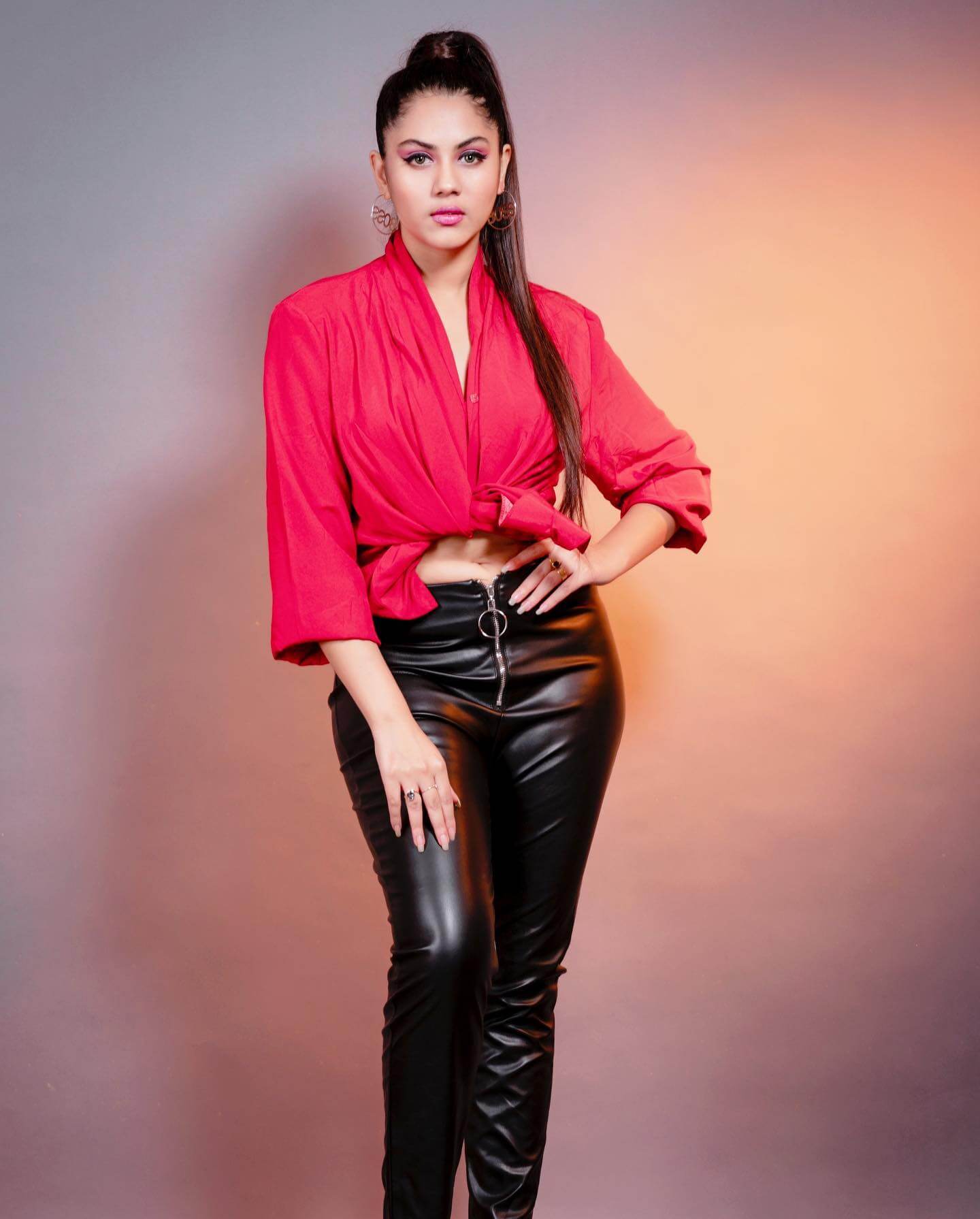 Sexy Rittika Sen Sleek & Sassy Look In Pink Crop Tie-Up Shirt With Sexy Black Leather Pants Outfits Dresses