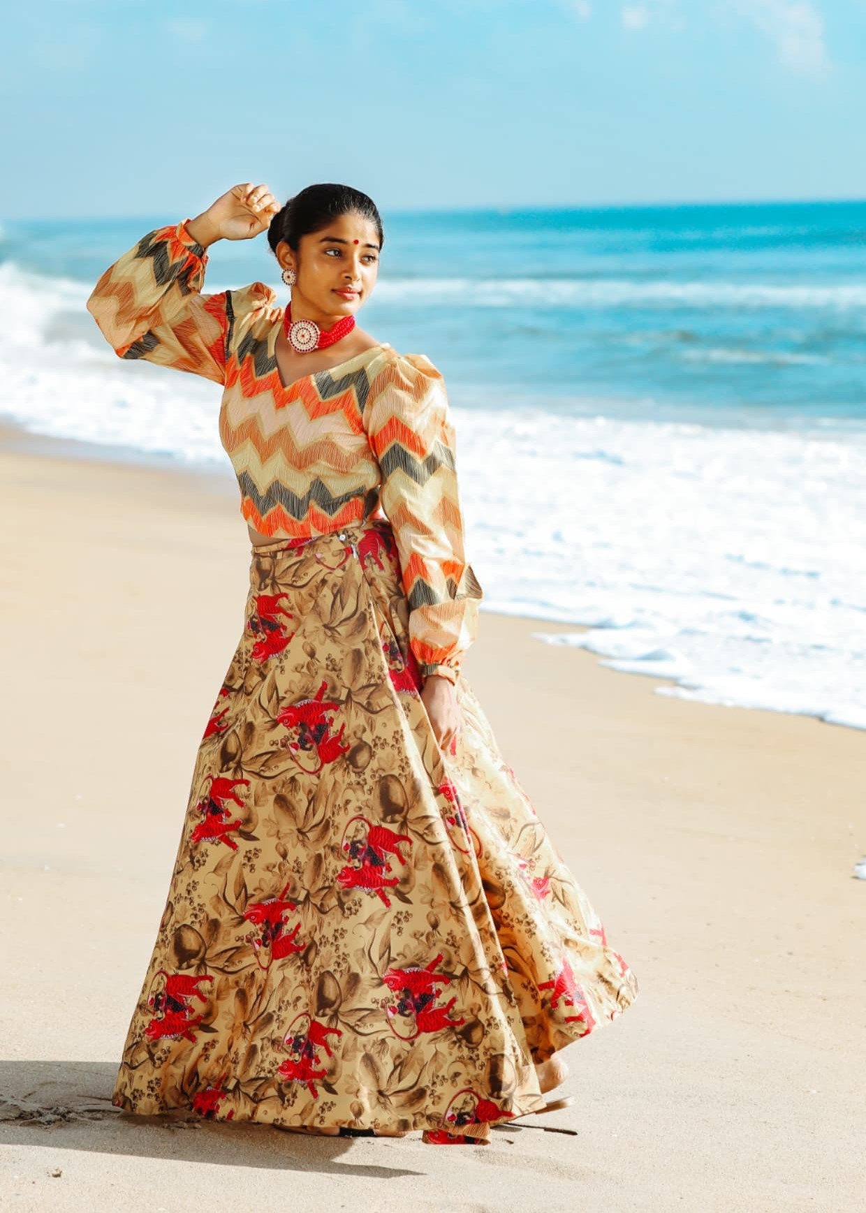 Sheela Rajkumar In Beige Printed Puffed Sleeves Crop Top With Printed Skirt Effortless Fashionable Looks &amp; Outfits
