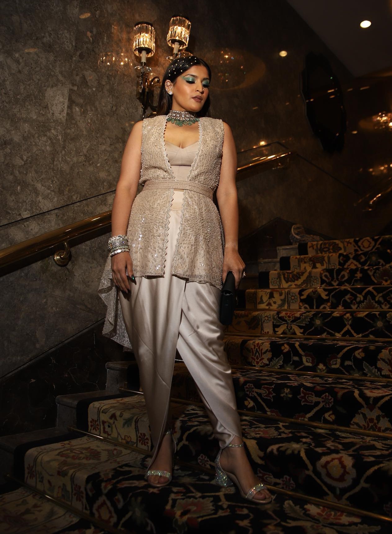 Shreya Jain Dazzles Us In Beige Embellished Dhoti Kurta Set With Heavy Makeup Look Exclusive Outfits & Looks