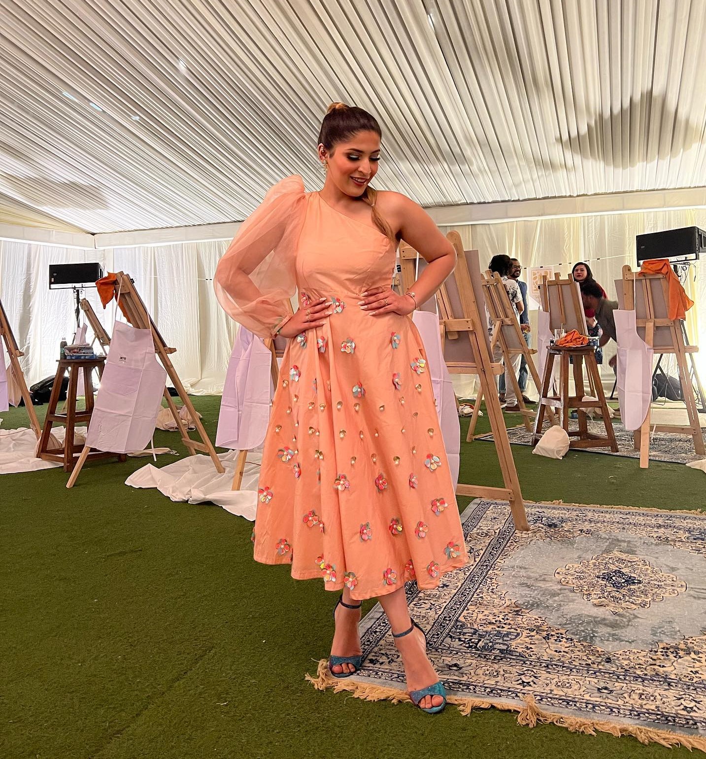Shreya Jain Wearing  Peach One Shoulder Puffed Net Sleeves Fit & Flare Cute Dress