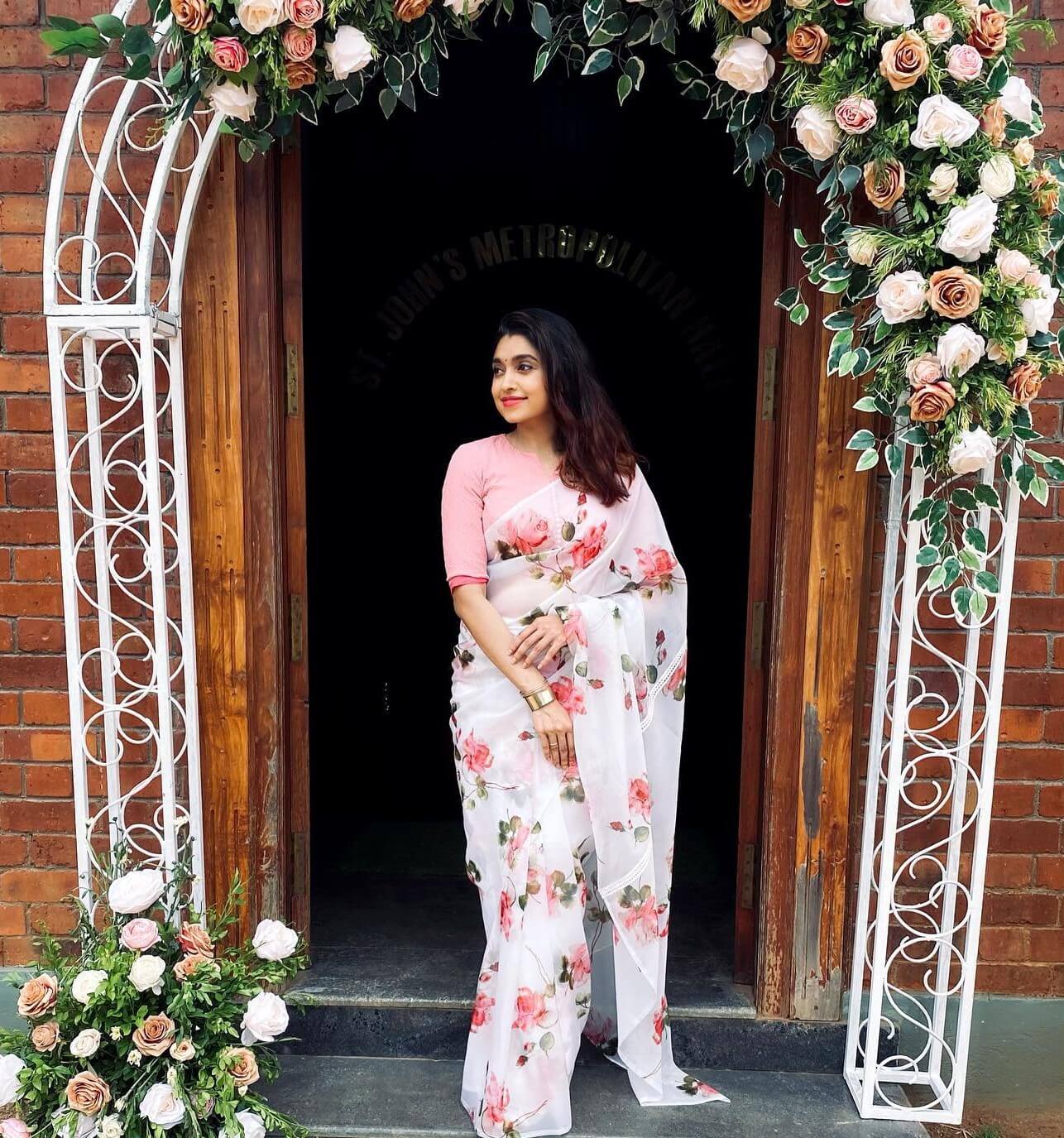 Sija Rose Draped In White Floral Printed Georgette Saree With Pink Blouse Perfect Day Wedding Look