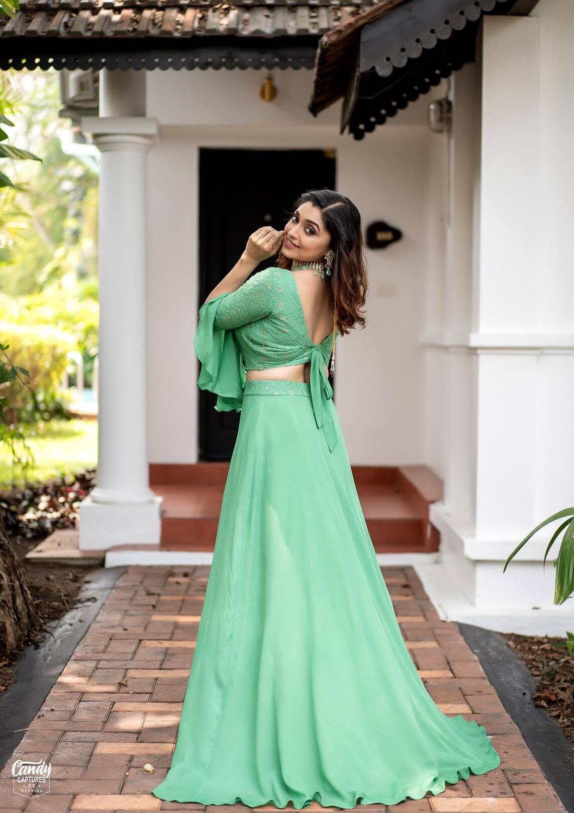 Sija Rose Strike A pose In Green Co-Ord Set With a Glittery Ruffled Sleeves Blouse With a Back Tie Fashionable & Trendy Outifts