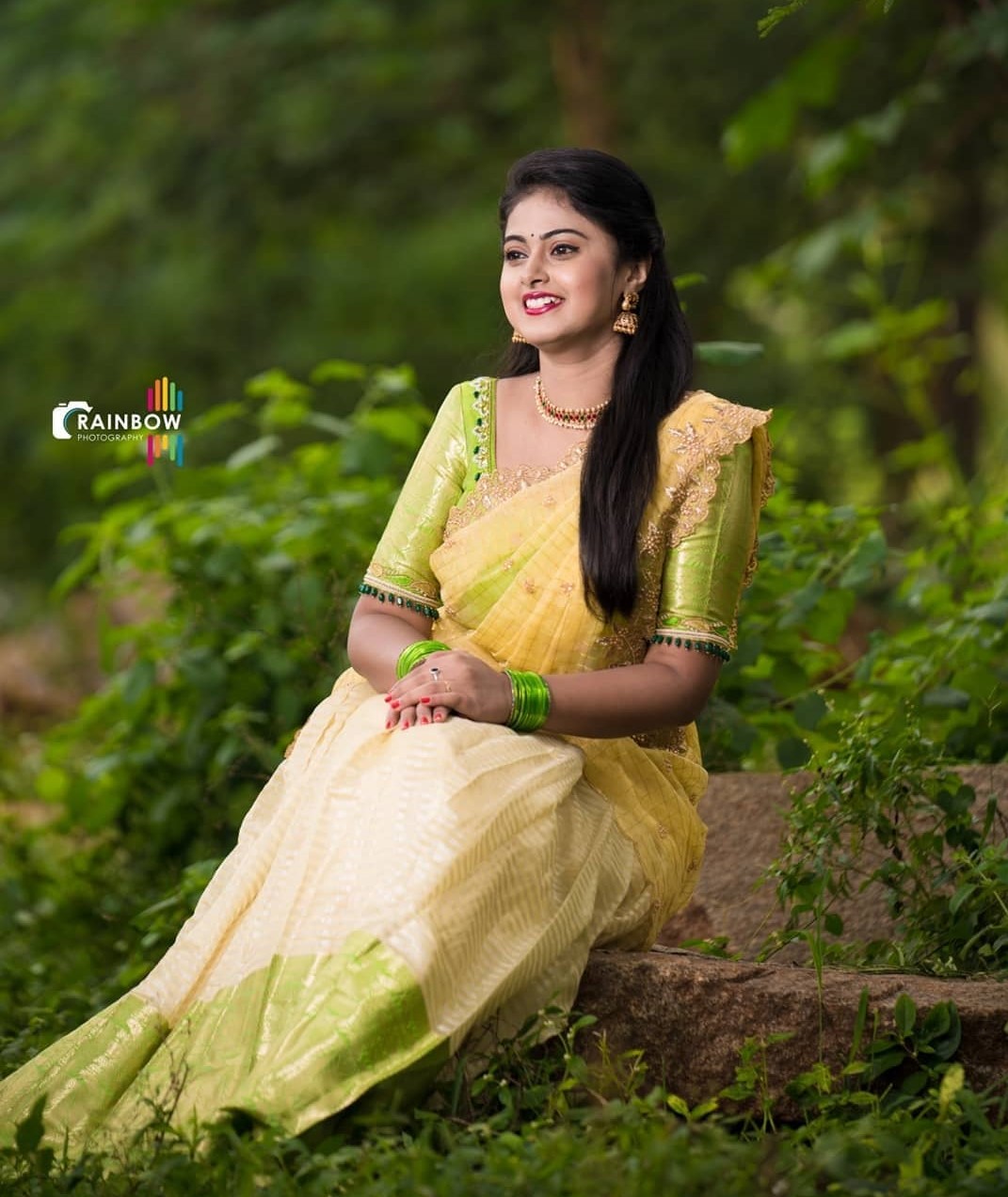 South Actress Meghasri In a Yellow & Green Golden Embroidered Border Saree Paired With Green Blouse