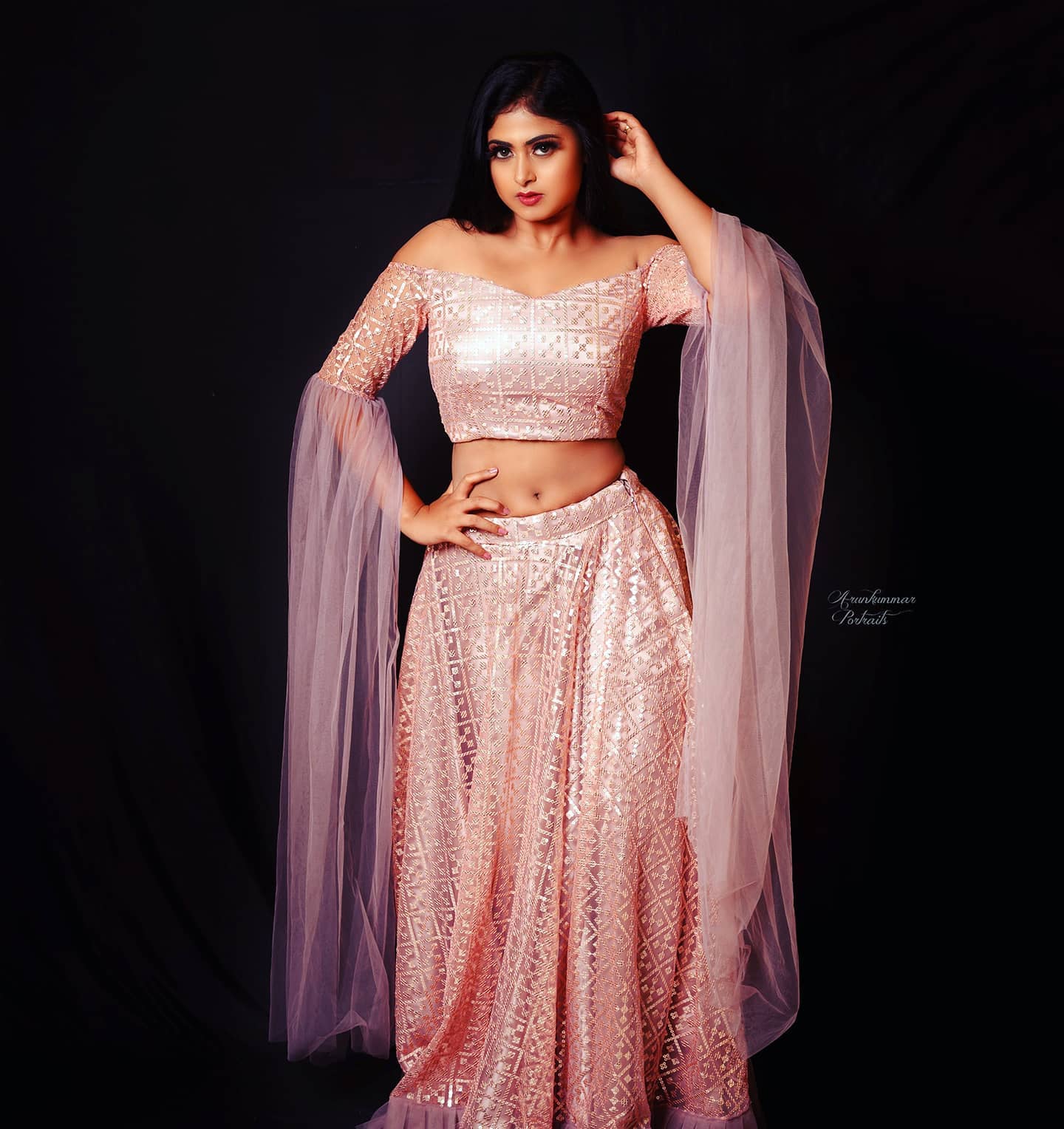 South Bae Meghasri  Tempting & Sexy Look In Light Pink Off-Shoulder Long Sleeves Shimmery Co-Ord Set Traditional & Western Outfits Looks