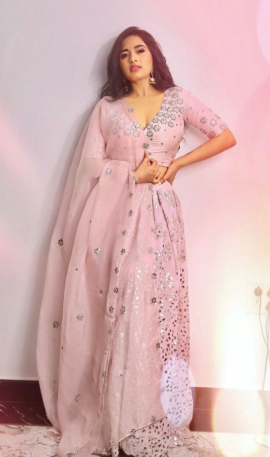 Srushti Dange In Pink Mirror Work Lehenga Set