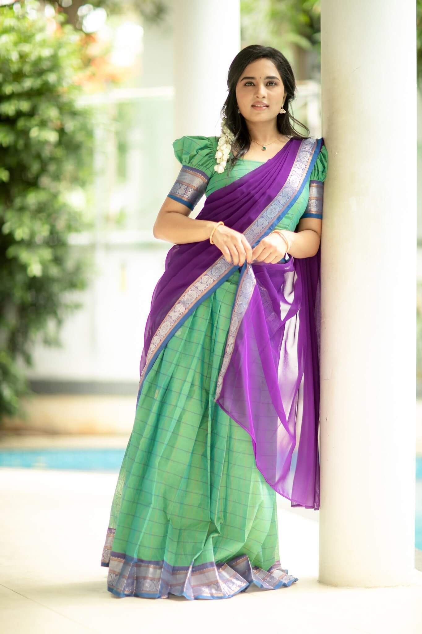 Srushti Dange Traditional Look In Green Check Lehenga Choli With Purple Dupatta