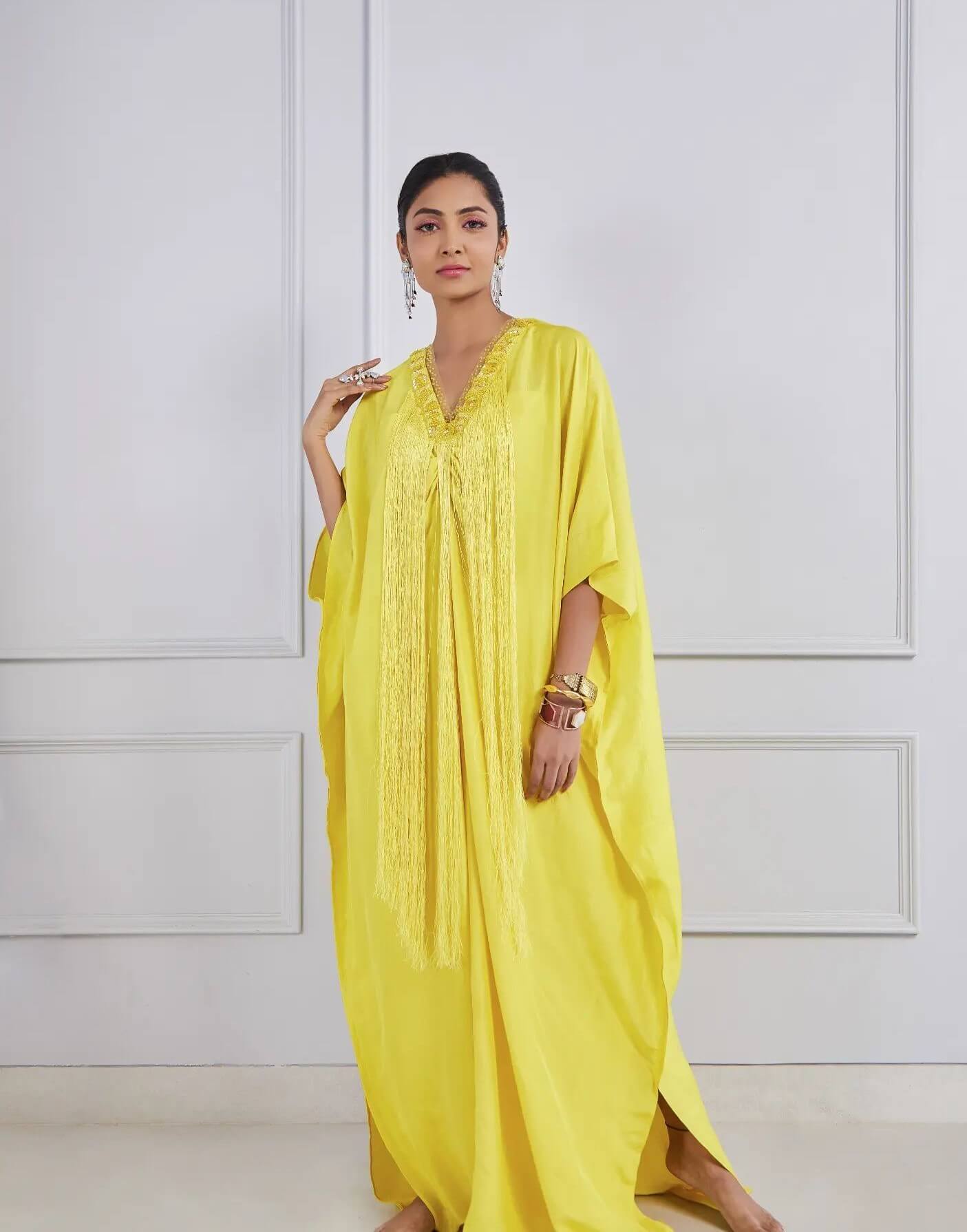 Swathi Muppala Wearing Ranjita Gupta Yellow Fringe Design Kaftan Trendy Outfits & Looks