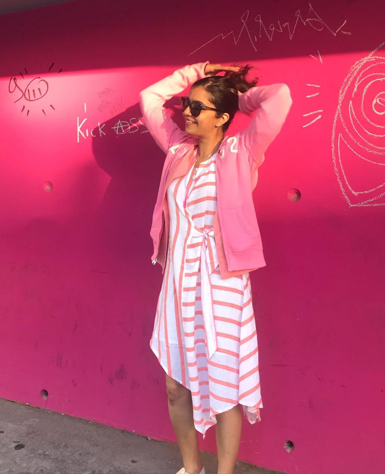Swathi Reddy In Peppy Pink &  White Strip Print Dress With Pink Hoodie Dressing Style, Outfits & Looks