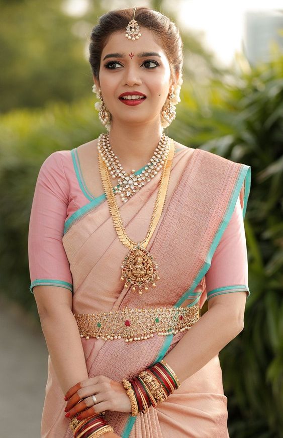 Swathi Reddy Makes Heads Turn In Her Wedding Look Wearing Pastel Pink & Blue Kanjeevaram Silk Saree With Beautiful Kundan & Gold Jewellery