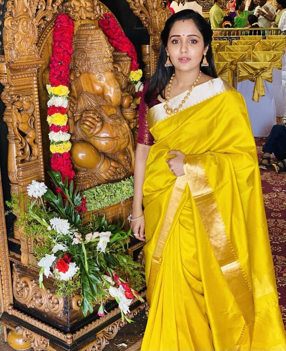 Tollywood Actress Ayilya Nair In Yellow Silk Saree Paired With Maroon Blouse All Time Fashionable Outfits Collections