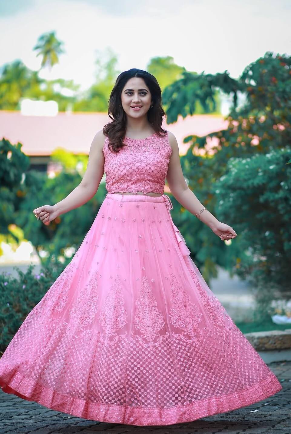 Tollywood Actress Miya George In Pink Embroidered Lehenga Set Traditional & Western Looks