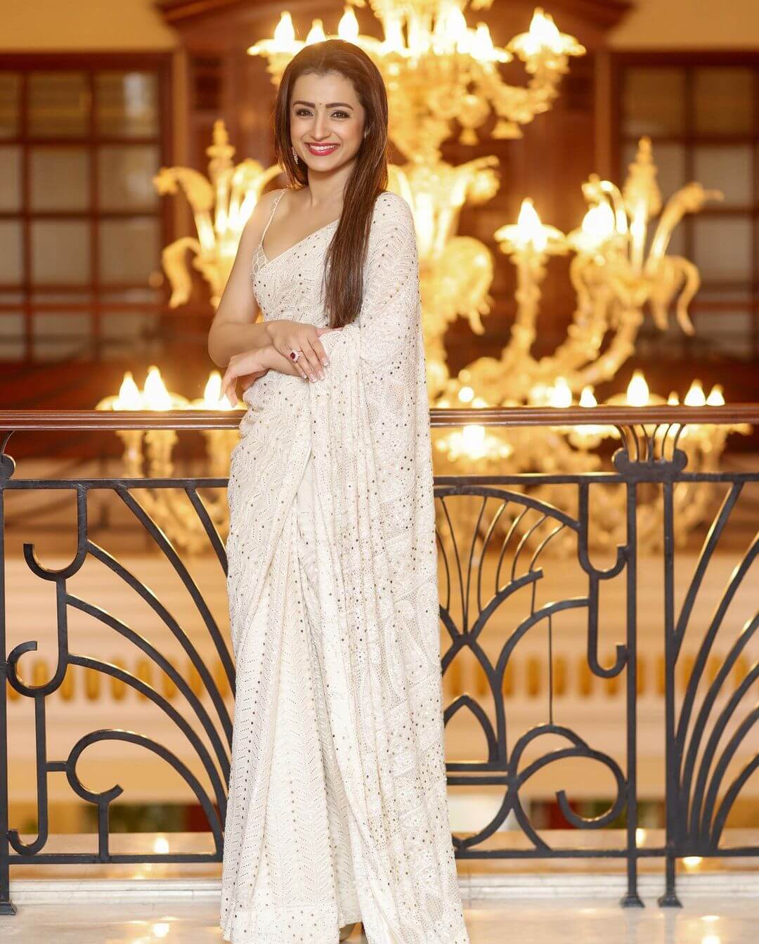 Trisha Krishnan Elegant & Classy Outfits Look In Off White Chikankari Saree Paired With Noodle Strip White Blouse