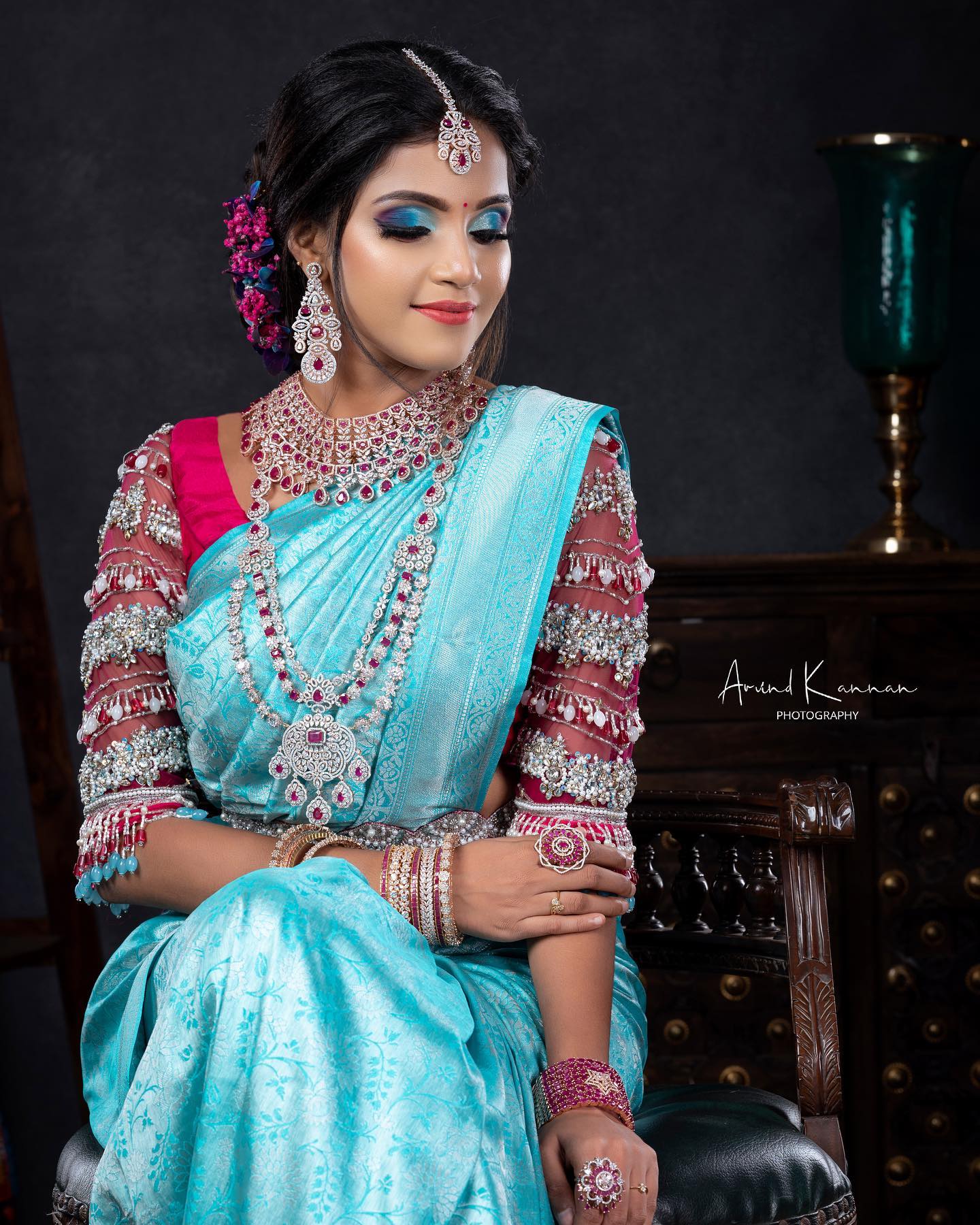 Vaishali Thaniga Gleaming Bridal Look In Ice Blue Silk Saree With Pink Beads Embedded Blouse & Diamond Stone Jewellery Adds More Blings