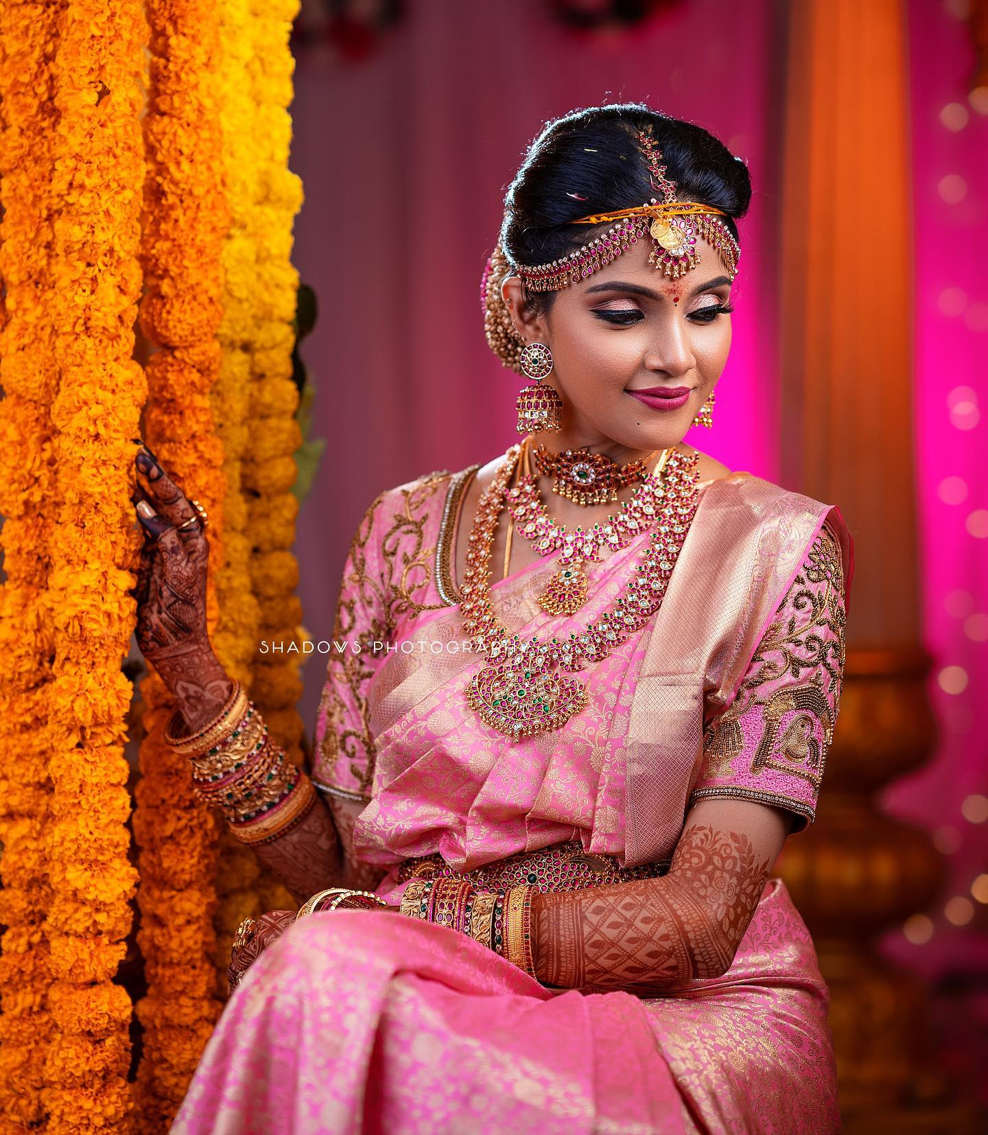 Vaishali Thaniga Wearing Blush Pink Kanjivaram Silk Saree On Her Big Day With Ruby & Gold Pleated Bridal Jewellery Dedicated Bridal Outfits And Looks 