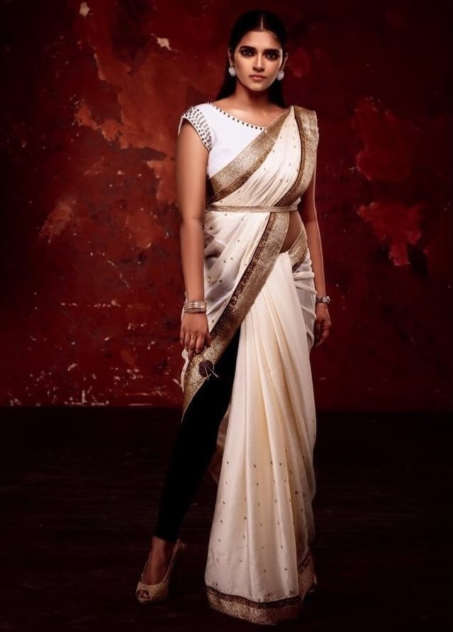 Vasundhara Kashyap Indo Western & Tradition Outfit Look In Chic White Saree Drapped With Black Pants