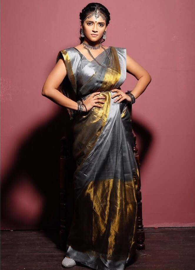 Vasundhara Kashyap Traditional Look In Grey & Golden Silk Saree