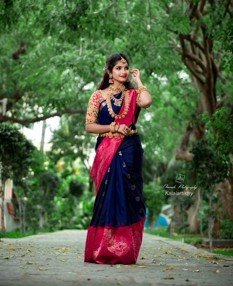 Venba In Blue & Pink Saree With Layered Jewellery Set Exclusive Traditional Bridal Outfits & Looks