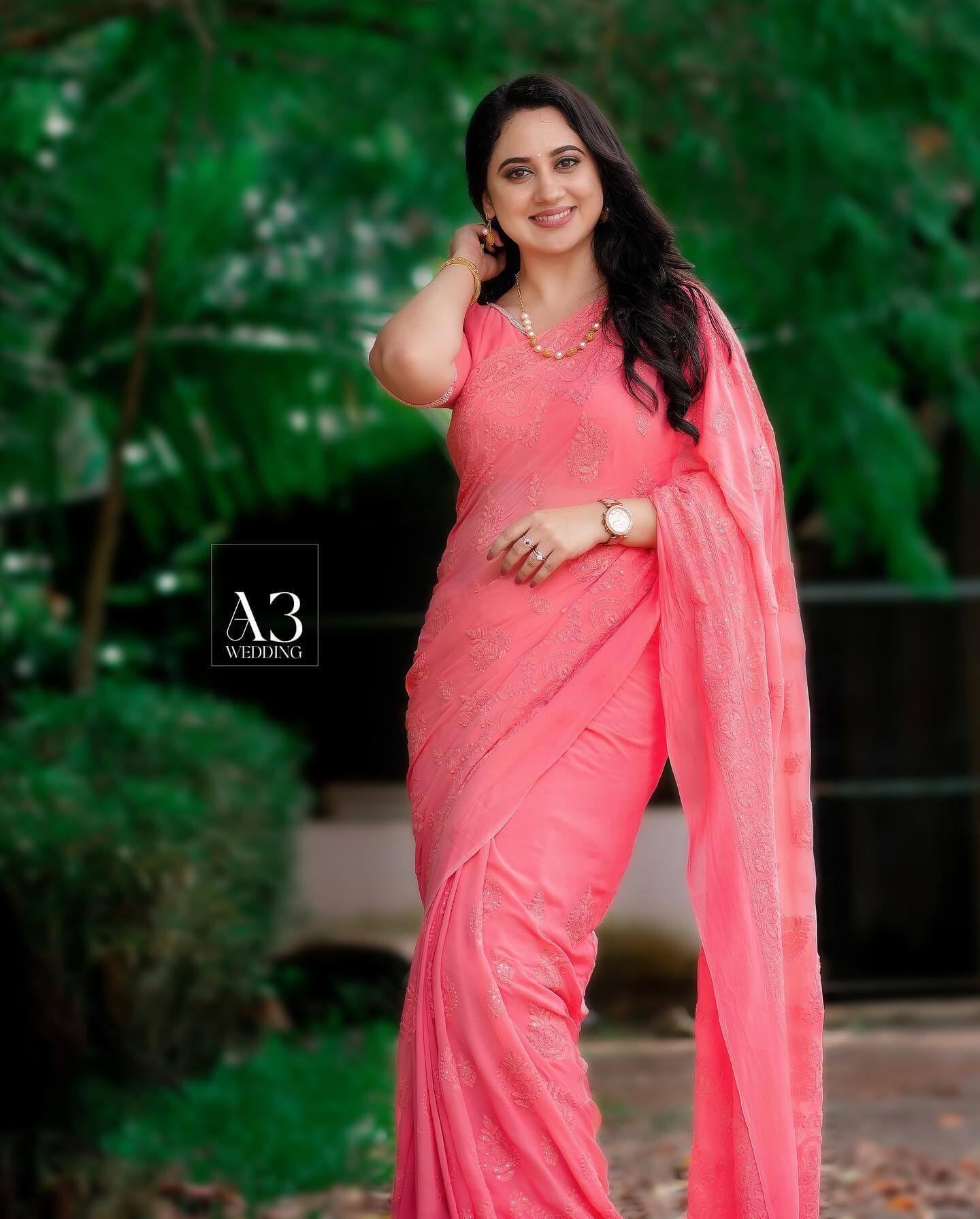 Vishudhan Fame Miya George  In Pink Saree With  Half Sleeves Blouse Traditional & Western Looks
