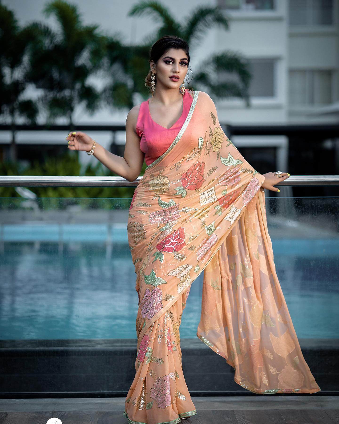 Yashika Aannand Divine Look In Peach Floral Print Glossy Saree Paired With Pink Sleeveless Blouse Glamorous Outfits & Looks