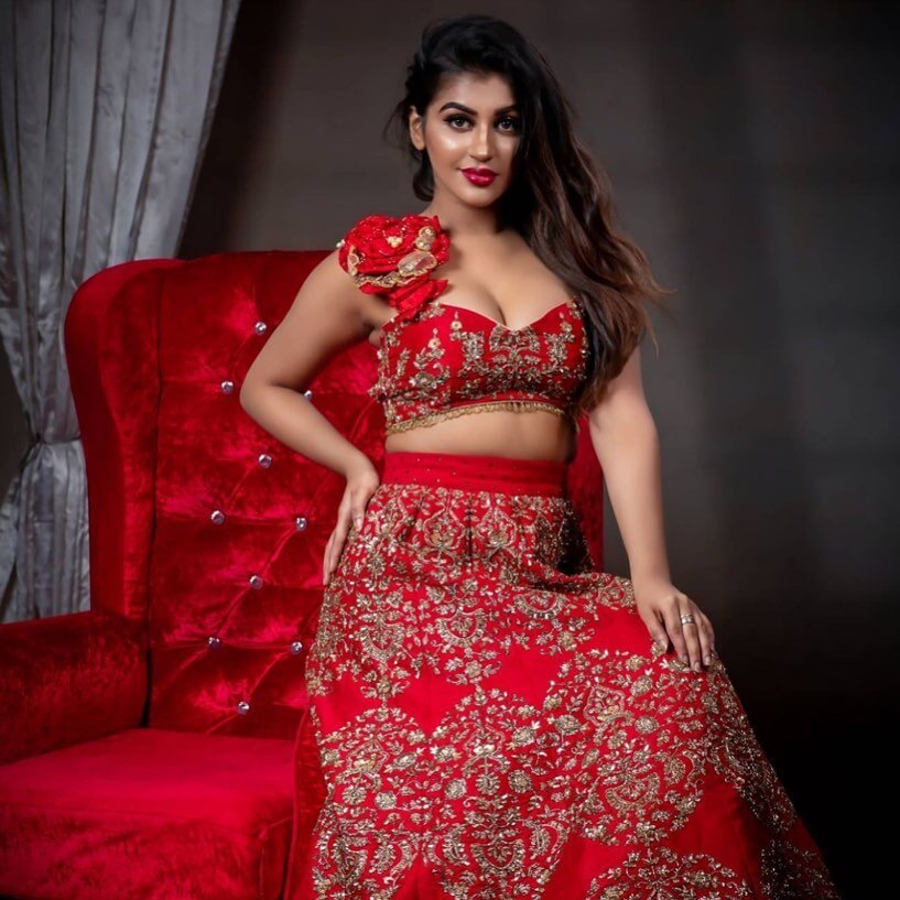 Yashika Aannand Hot As Hell In Red Lehenga Set With Sweetheart Neckline Designer Blouse Glamorous Outfits & Looks