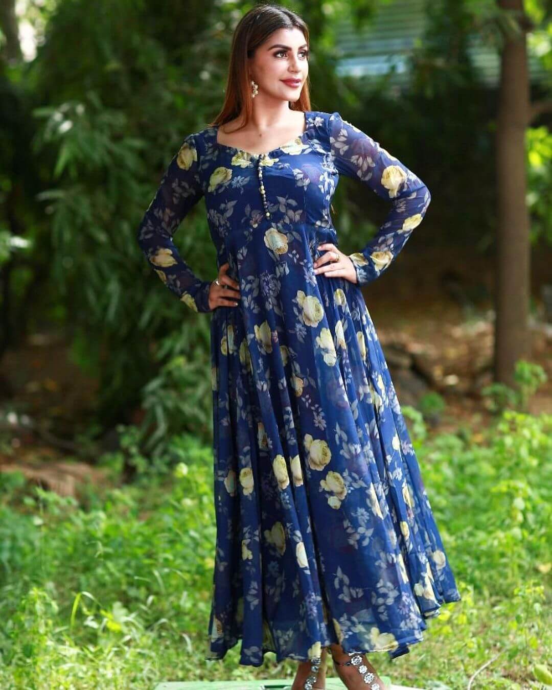 Yashika Aannand Look Pretty In Blue Flora Print Maxi Dress Glamorous Outfits & Looks