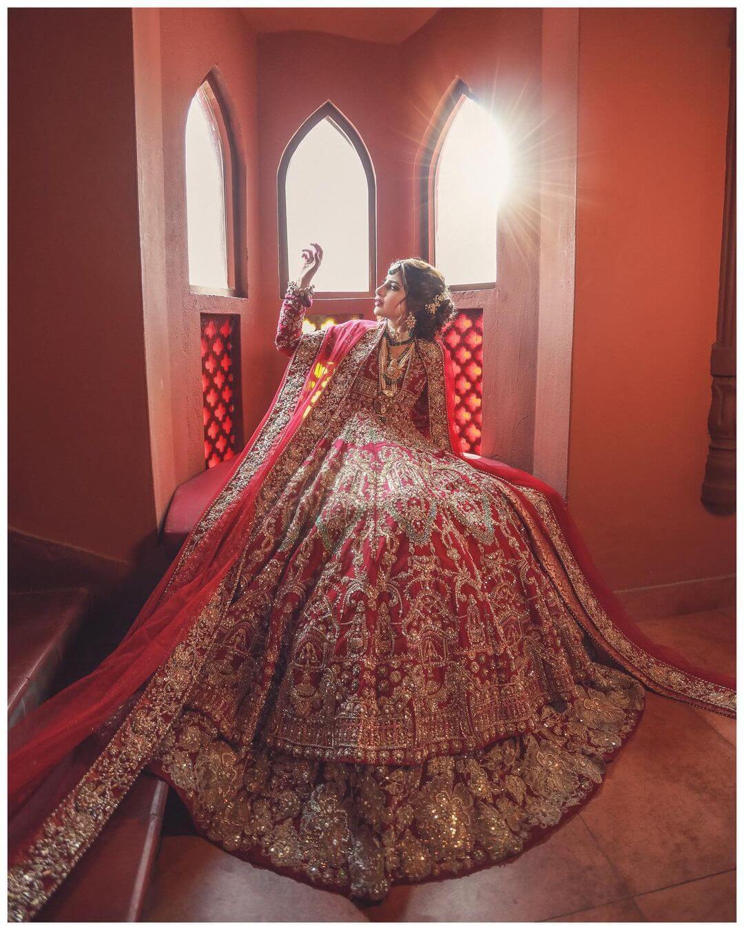 A Stunningly Elegant Look: Red Lehenga with Glittery Embroidery for a Muslim Bride